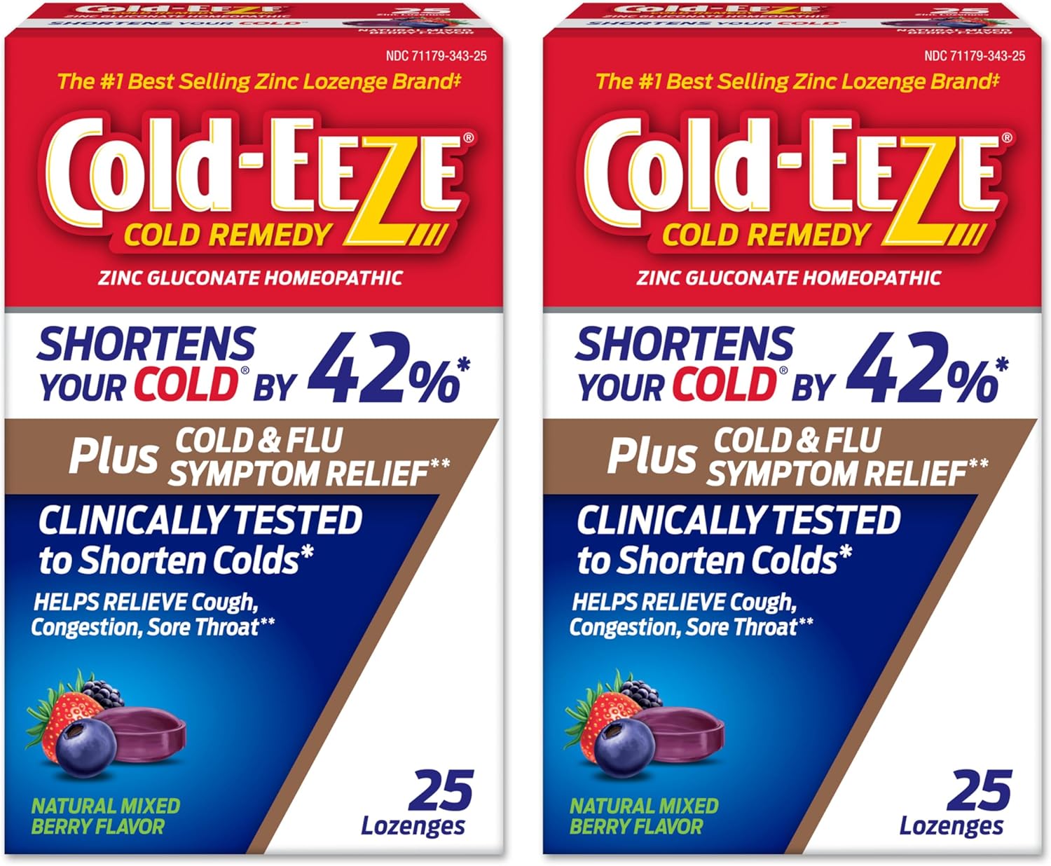 Cold-Eeze Plus Natural Mixed Berry Cold & Flu Zinc Lozenges, Multi-Symptom Relief, Homeopathic Cold Remedy, Reduces Duration of the Common Cold by 42%, Sambucus Nigra for Symptoms, 25 Ct, 2 Pack