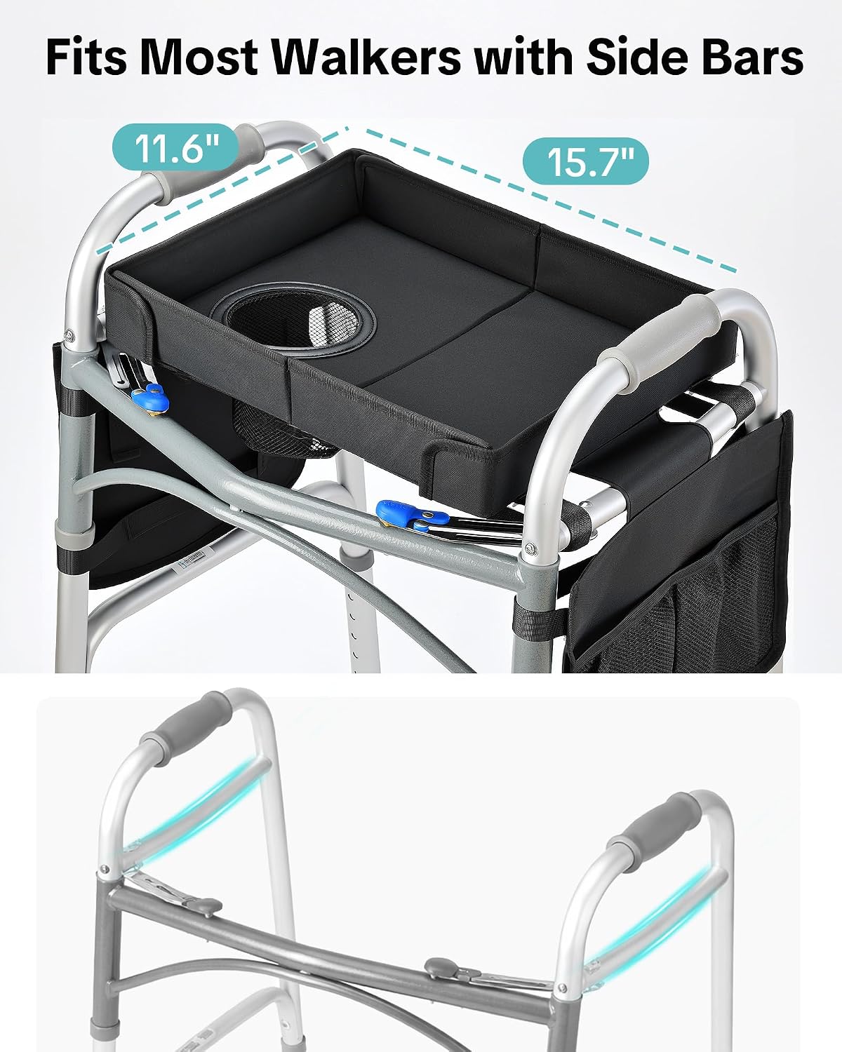Walker Tray for Folding Walker, Side Pockets & Cup Holder | Fits 17–19" Folding Walkers with Side Bars, Easy Install, Adjustable Straps, Spill-Resistant Surface, Lightweight for Seniors - Image 2
