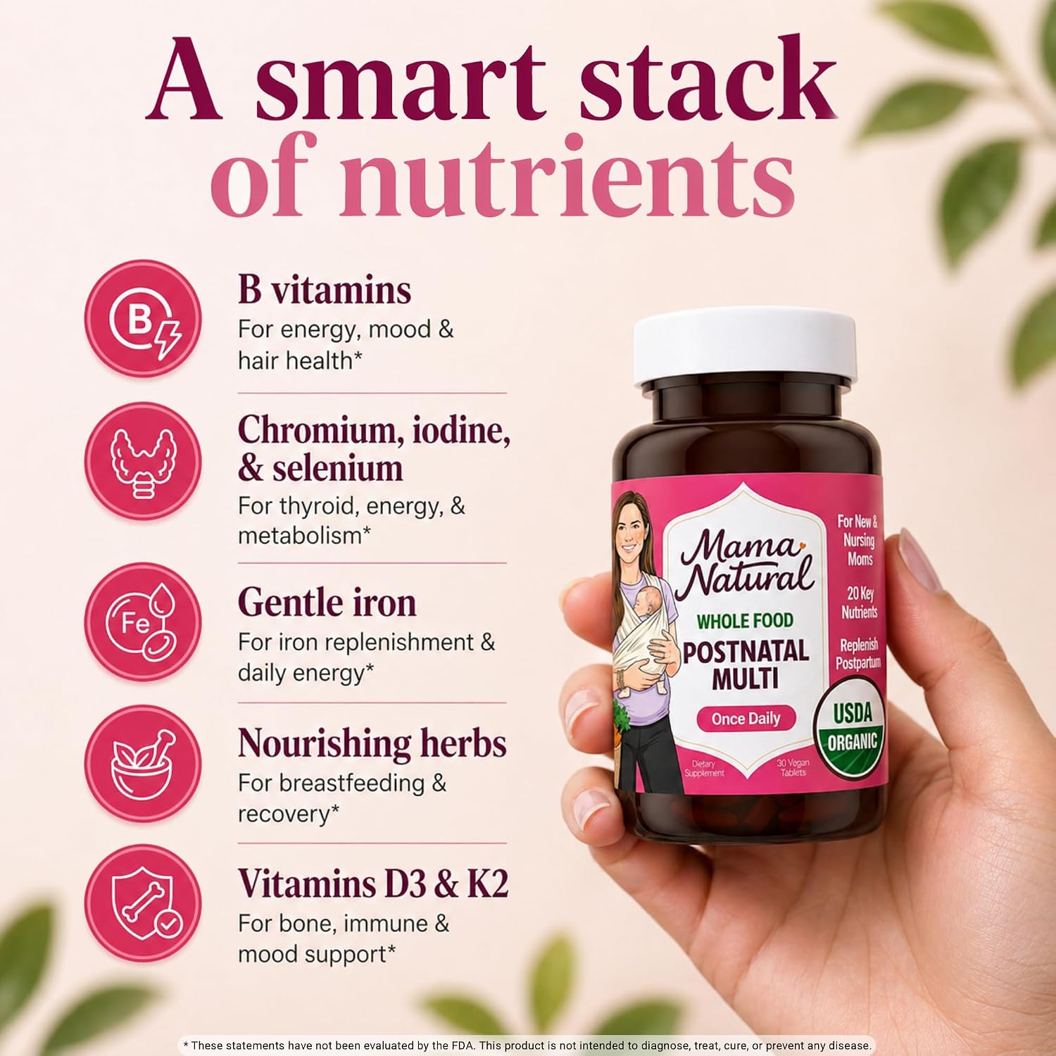 Mama Natural Organic Postnatal Vitamins for Women | One A Day Whole Food Postnatal Multivitamin for Breastfeeding & Postpartum Support | Non-GMO with Iron, Iodine & Moringa | 30 Servings - Image 6