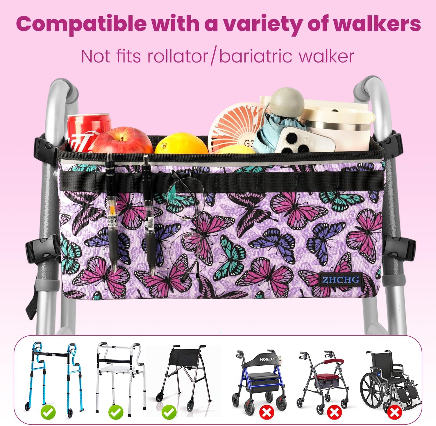 ZHCHG Walker Basket for Seniors, Walker Accessories Bag for Folding Walker | Large Capacity & Never Tipping Over, Best Gift- (Not Fit Rollator Walkers)- Purple - Image 4