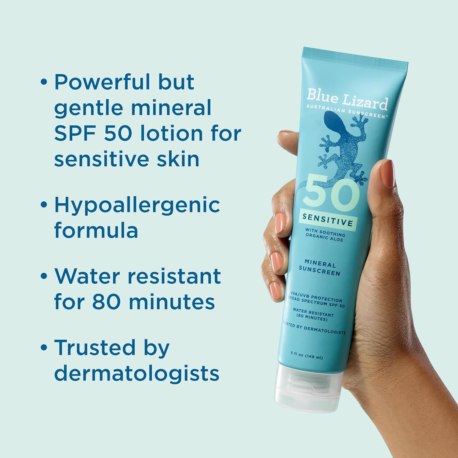 Blue Lizard Sensitive Mineral SPF 50 Sunscreen Lotion, 100% Mineral Sunscreen, UVA/UVB Protection, Infused with organic Aloe Vera, Soothes and Hydrates, 5 fl oz - Image 2