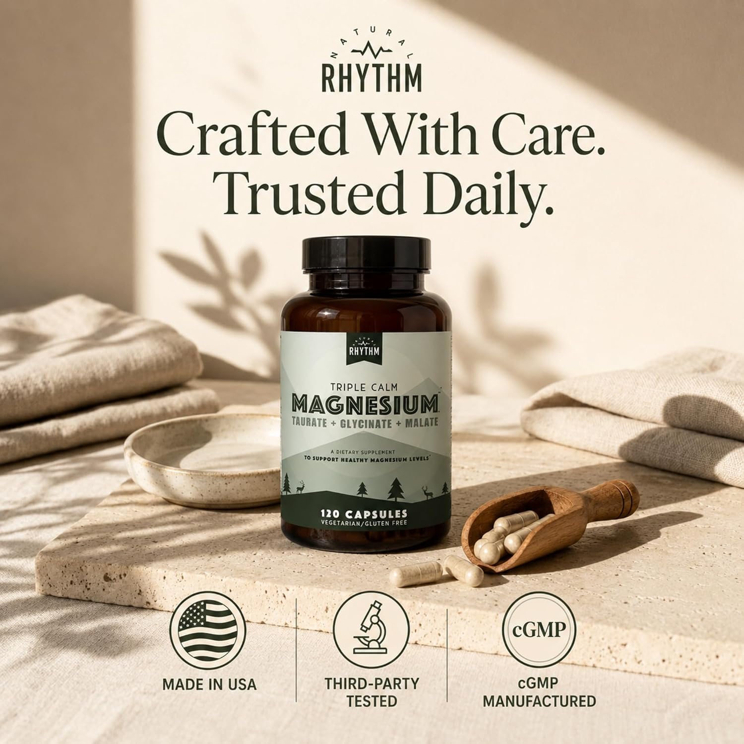 Natural Rhythm Triple Calm Magnesium Complex - 120 Capsules, Chelated Magnesium Glycinate, Taurate & Malate, High Absorption Supplement for Sleep, Stress, Muscle & Heart Support, Non-GMO, Vegan - Image 4
