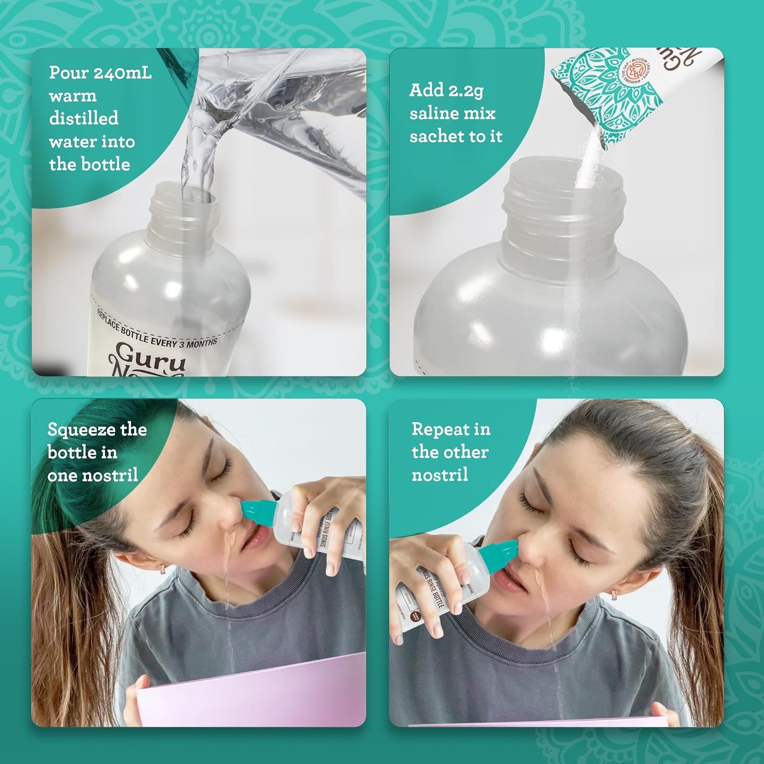GuruNanda Sinus Rinse Bottle - Comfort Tip for Natural Nasal Irrigator Relief for Adults & Kids - 240ml Capacity - Image 4