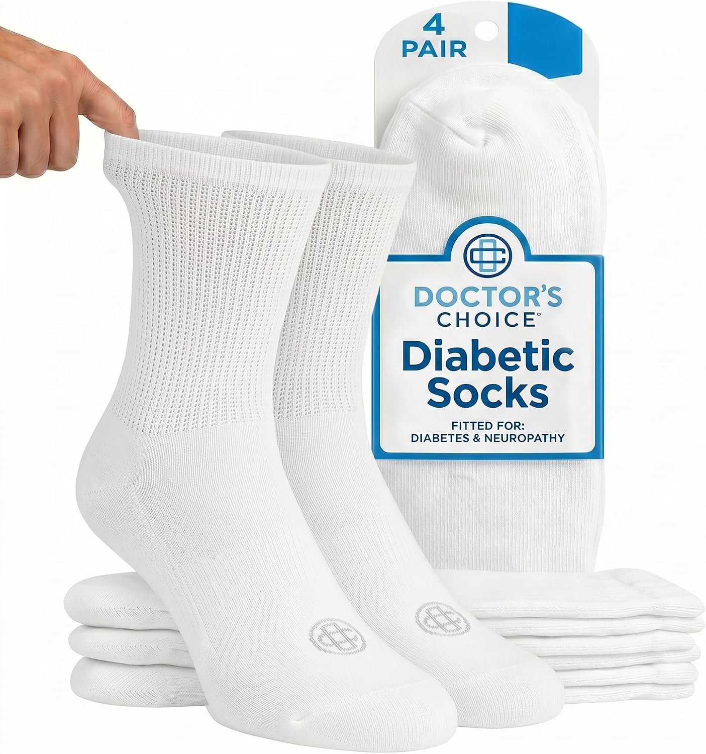 Doctor's Choice Diabetic Crew Socks for Men, Non-Binding Top, 4 Pairs | Seamless Toe, Fully Cushioned Footbed, Moisture-Wicking Fabric, Four-Way Stretch