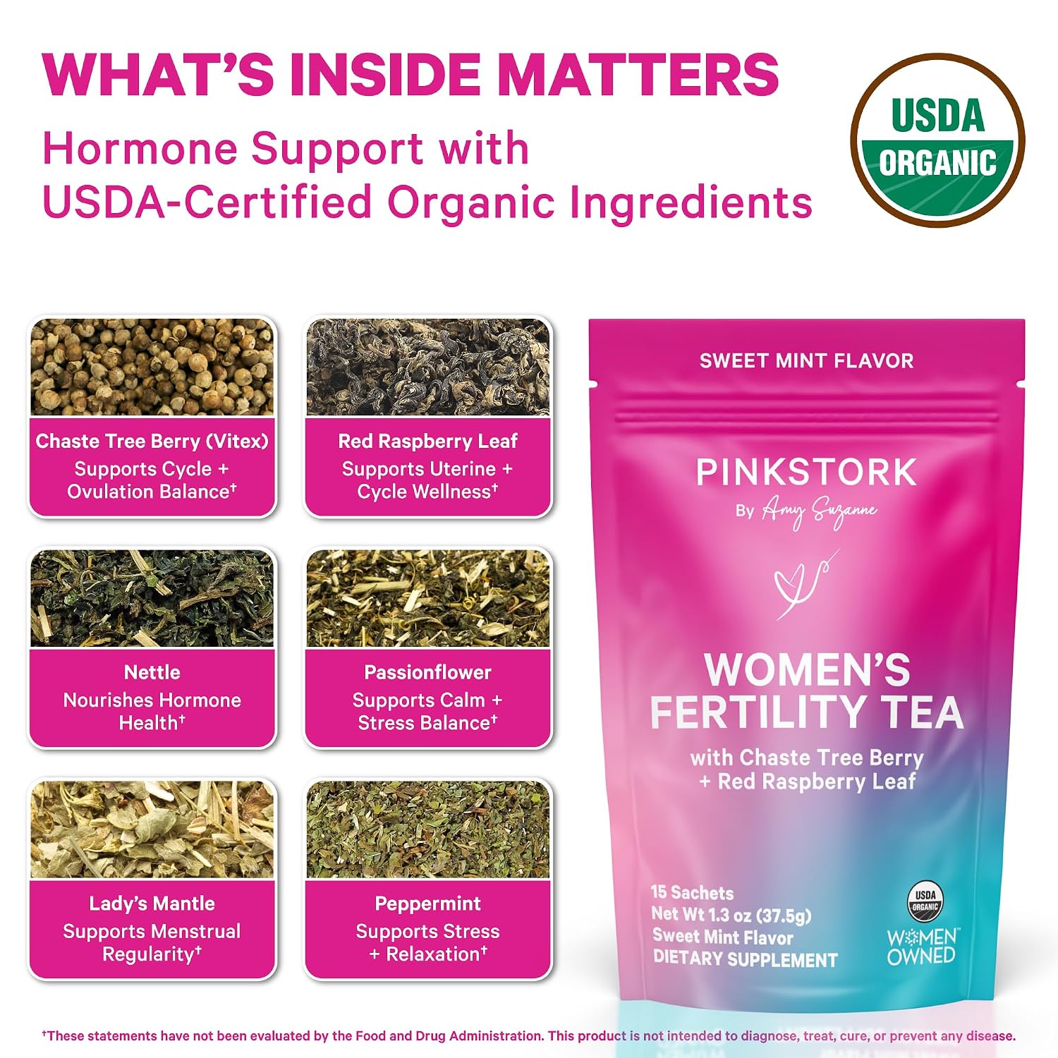 Pink Stork Fertility Tea, Organic Vitex + Cycle Support, Sweet Mint, 15ct | USDA Organic Herbs | Caffeine-Free Conception Tea | Hormone Balance, Cycle Regularity Support | Compostable Sachets | 30 Cups - Image 3