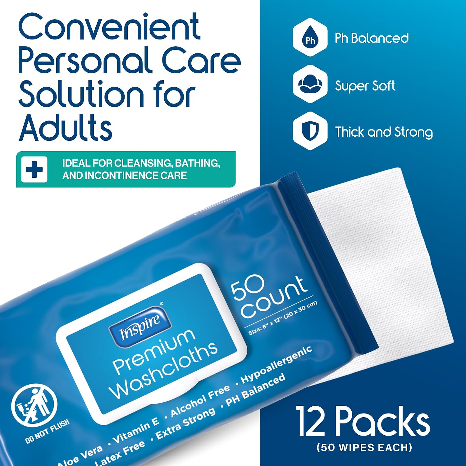Inspire Adult Wet Wipes, Wash Cloths | Adult Wipes for Incontinence & Cleansing for Elderly, 8"x12" Count 12 packs of 50 - Image 8