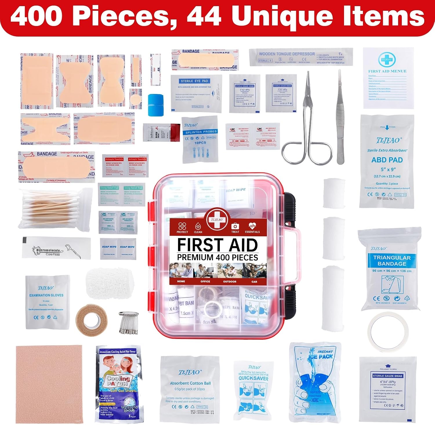 400 Pieces All-Purpose First Aid Kit, Organized Dual-Layer Wall | 100-Person, Professional Medical Kit For Home, Car, Camping, Travel, Office, Outdoor, Business & Sports - Image 2