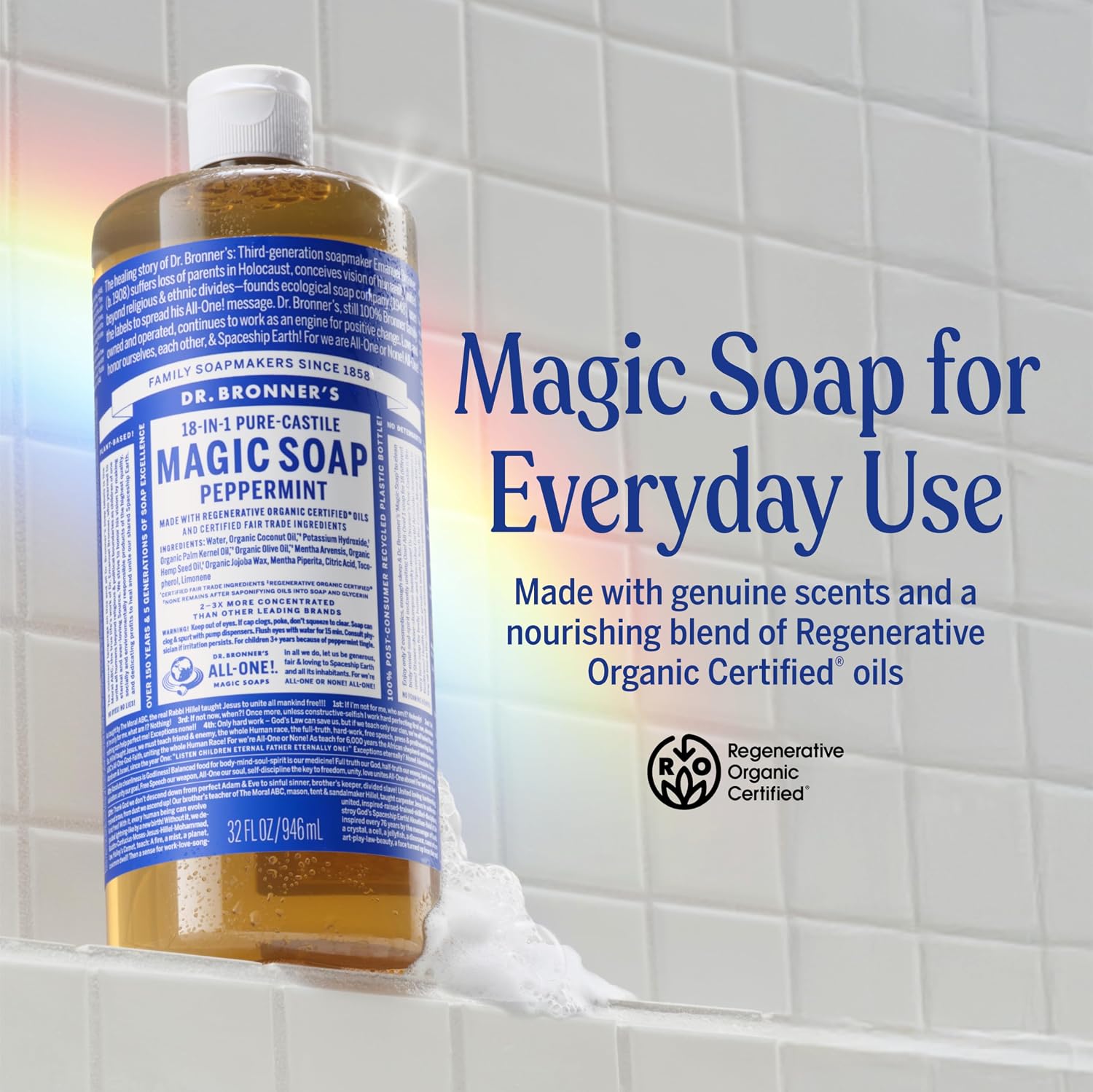 Dr. Bronner's Peppermint Pure-Castile Liquid Soap, Hand Soap, 32 oz | 18-in-1 Uses: Body Wash & Hand Soap for Men and Women, Shampoo, Face, Laundry, Floors, Cars, Pets - Fair Trade & Organic Oils - Image 2