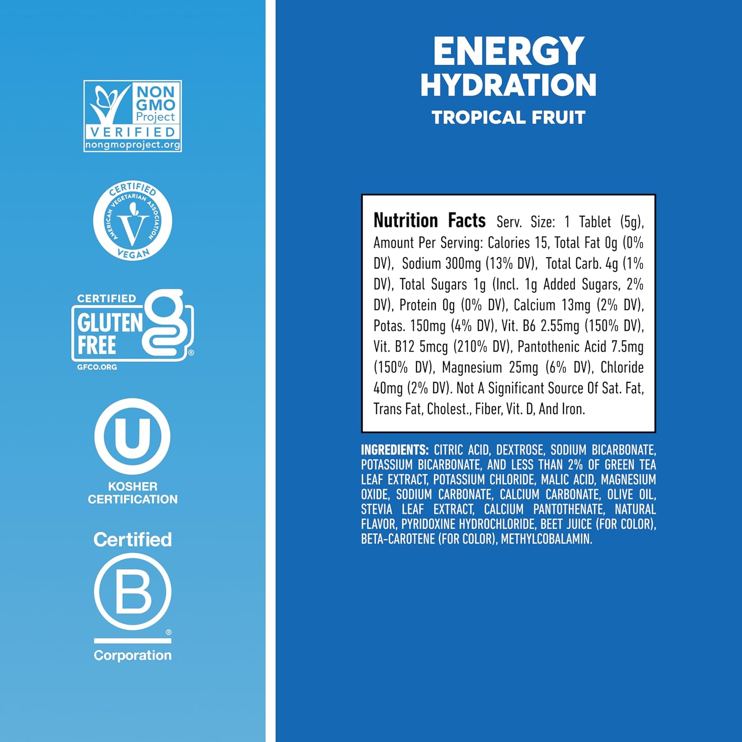 Nuun Energy Caffeine + B Vitamins, Electrolyte Hydration Tablets with Caffeine from Green Tea Extract, Magnesium & 4 Other Electrolytes, Gluten Free, Vegan, Tropical Fruit, 8 Pack (80 Servings Total) | 80 Servings with Caffeine from Green Tea Extract, Magnesium & 4 Other Electrolytes, Gluten Free, Vegan - Image 5