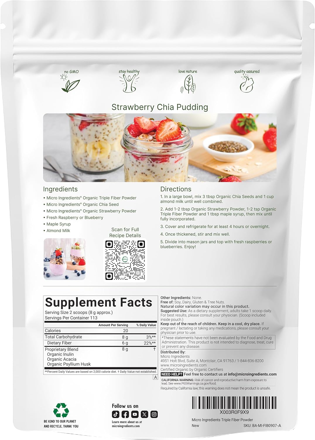 Micro Ingredients Organic Triple Fiber Powder, 2lb | Natural Prebiotic to Support Digestive & Gut Health | Soluble, Easily Digestible | Unflavored, Vegan - Image 2