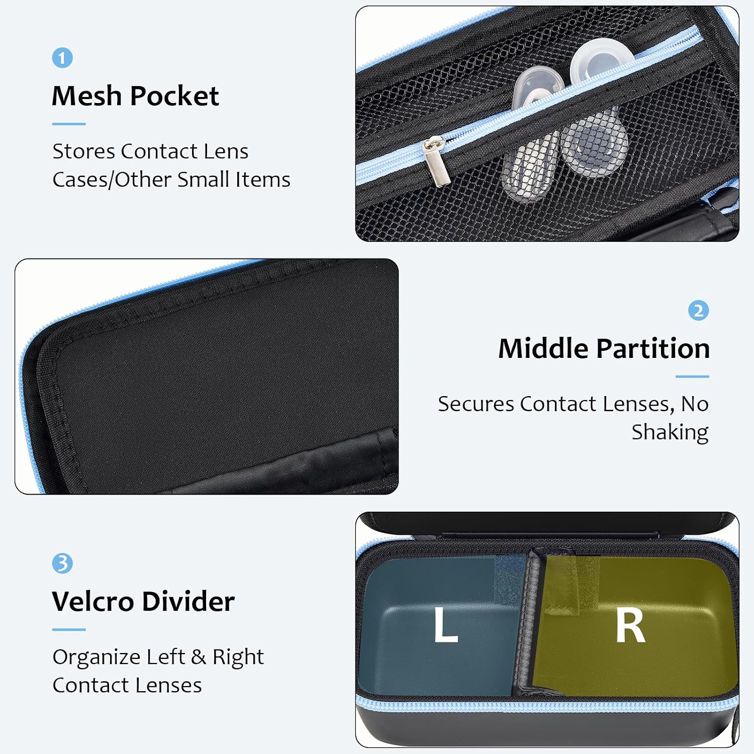GWCASE Daily Contact Lens Case Organizer for 30+ Disposable Contact Lenses | Hard EVA, Removable L/R Divider, Mesh Pocket for Travel Contact Solution/ Accessories, Travel and Daily Use, Black, Bag Only - Image 3