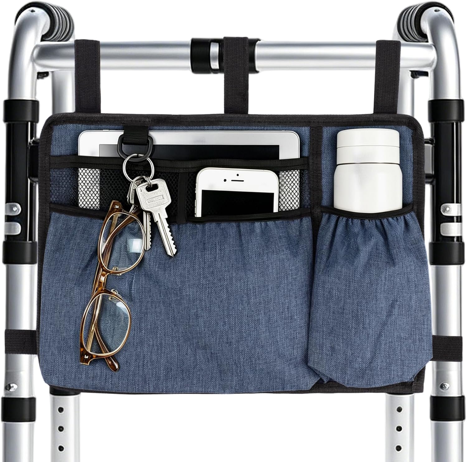 Walker Bag Basket with Cup Holder for Folding Walker Accessories for Seniors Walker Bag Basket with Large Capacity, Foldable & Water Resistant Walker Storage Bags Blue