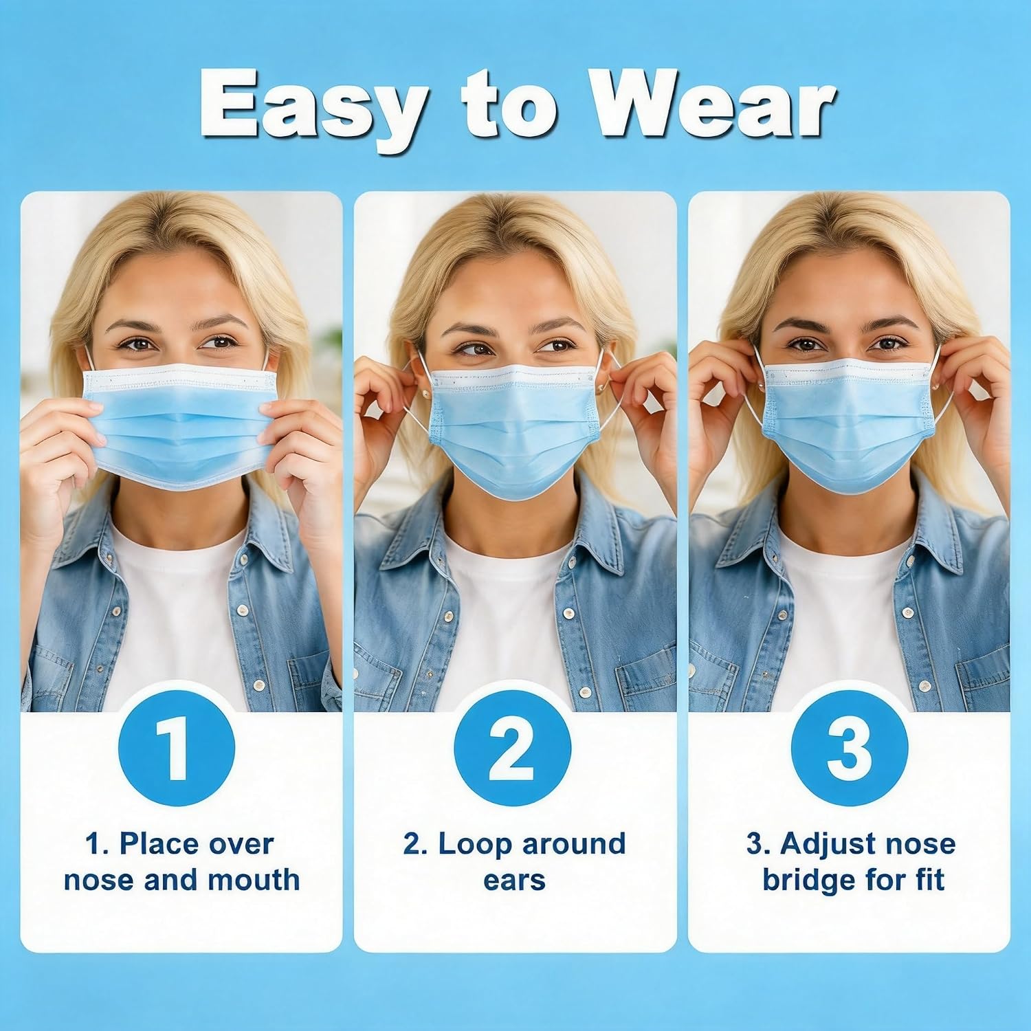 Disposable Face Masks 100 Pack, 3 Ply Breathable Filter Mask with Adjustable Nose Clip & Soft Elastic Ear Loops - Image 6