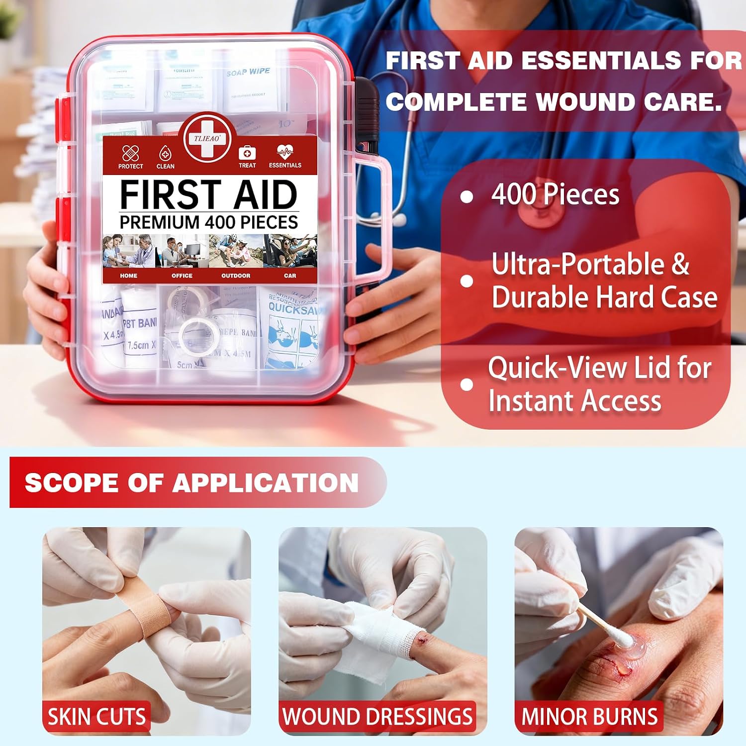 400 Pieces All-Purpose First Aid Kit, Organized Dual-Layer Wall | 100-Person, Professional Medical Kit For Home, Car, Camping, Travel, Office, Outdoor, Business & Sports - Image 5