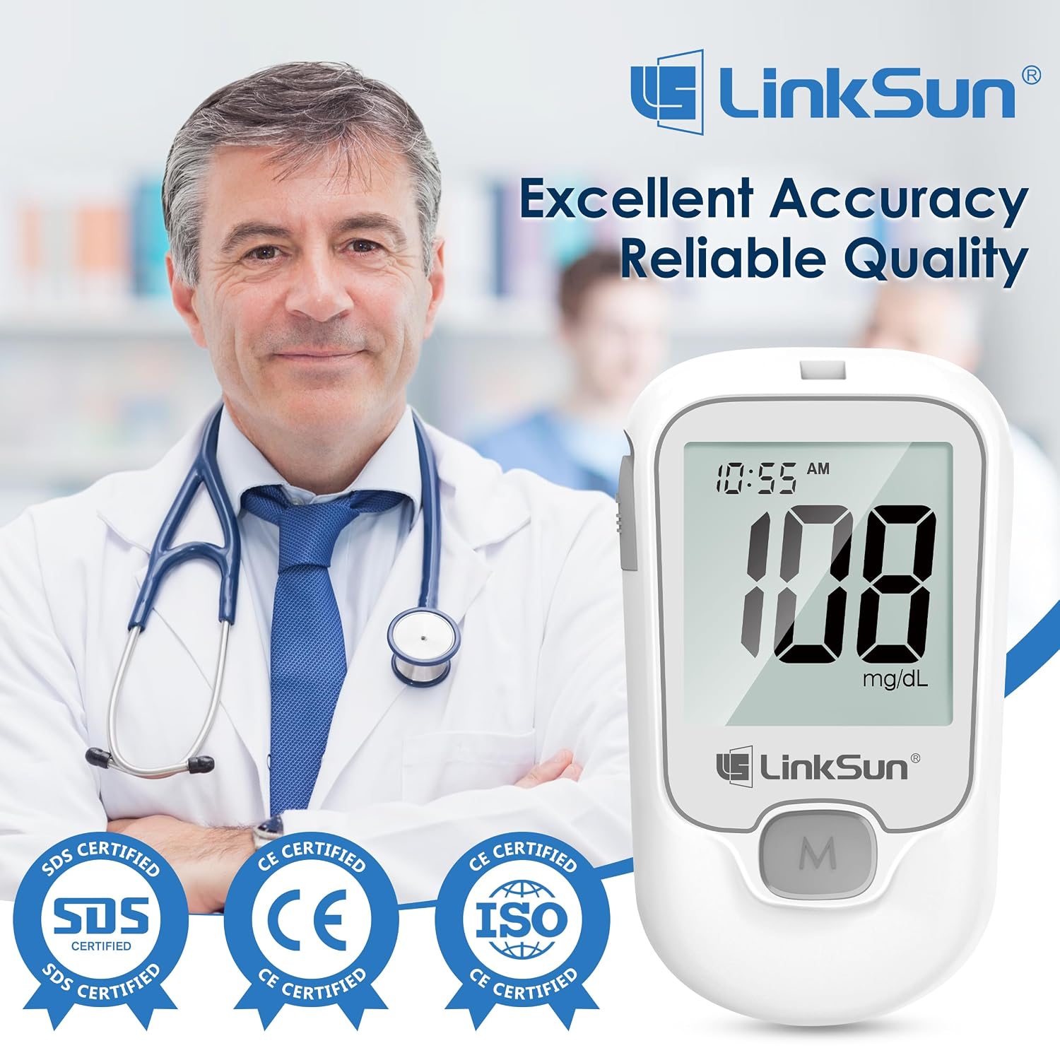 LinkSun G-425-1 Glucose Monitor Kit, 100 Strips & Lancets for Diabetes | 1 Control Solution, 1 Lancing Device & Large Display Blood Sugar Testing Kit for Seniors, Easy-to-Use Glucometer for Home Use - Image 2