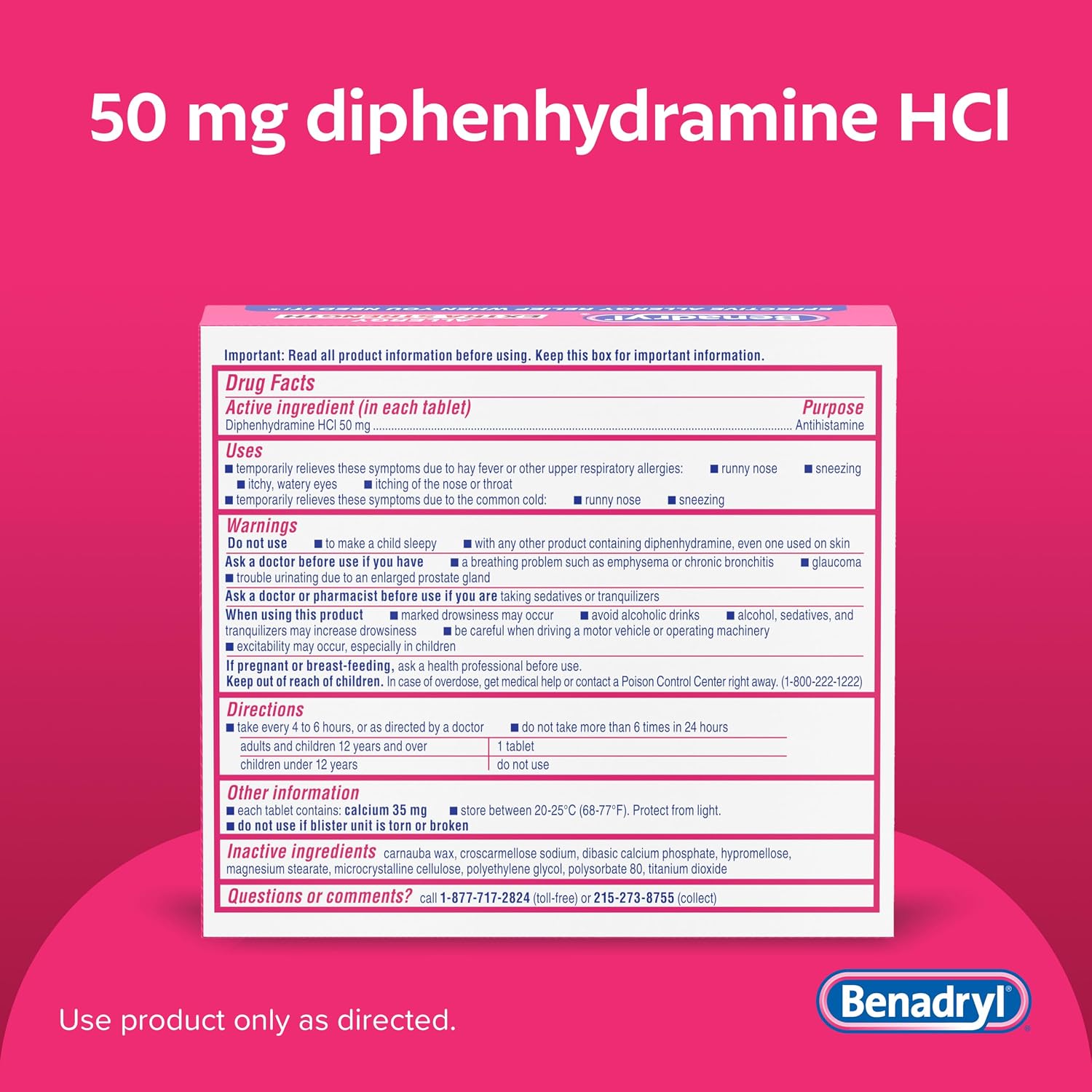 Benadryl Extra Strength Allergy Tablets, 50 mg Diphenhydramine HCl, 24 Ct | Antihistamine Tablets for Allergy Relief of Allergy Symptoms Due to Hay Fever or Other Upper Respiratory Allergies - Image 8