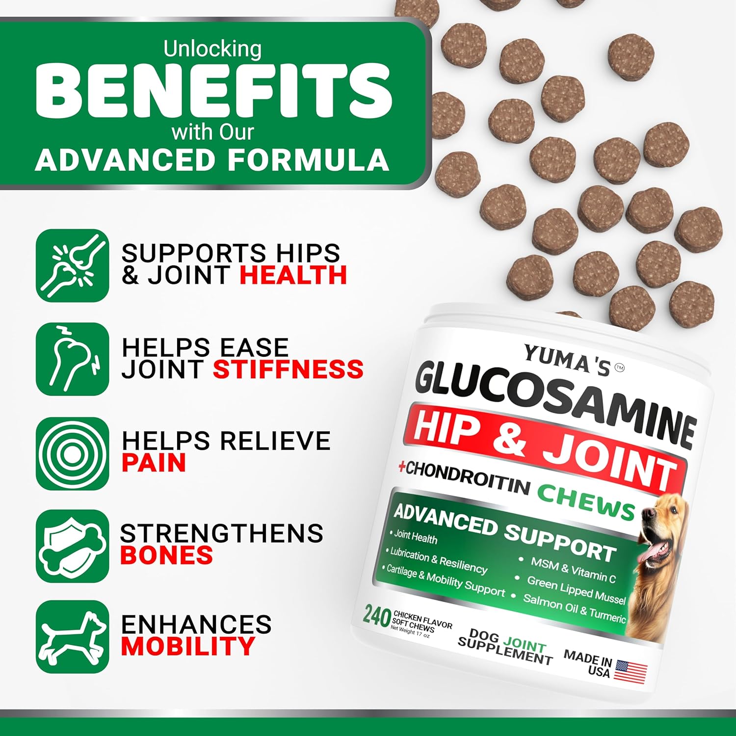 Glucosamine for Dogs - 240 Chews - Hip and Joint Supplement for Dogs - Advanced Glucosamine Chondroitin Treats with MSM - Joint Pain Relief - Large & Small Breed - Mobility Support - Made in USA - Image 3