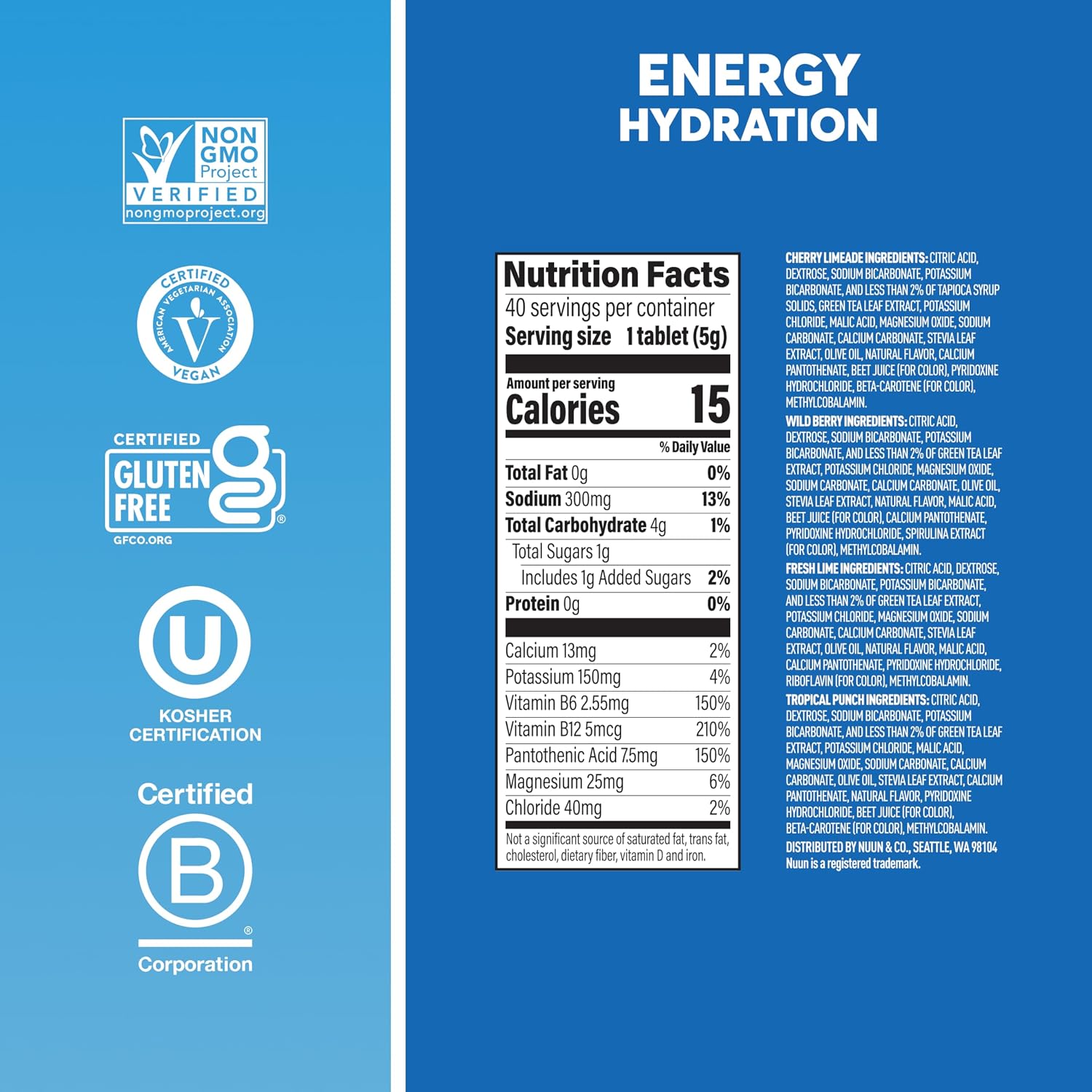 Nuun Energy Caffeine + B Vitamins, Electrolyte Hydration Tablets with Caffeine from Green Tea Extract, Magnesium & 4 Other Electrolytes, Gluten Free, Vegan, Mixed Flavors, 4 Pack (40 Servings Total) | 40 Servings with Caffeine from Green Tea Extract, Magnesium & 4 Other Electrolytes, Gluten Free, Vegan - Image 5