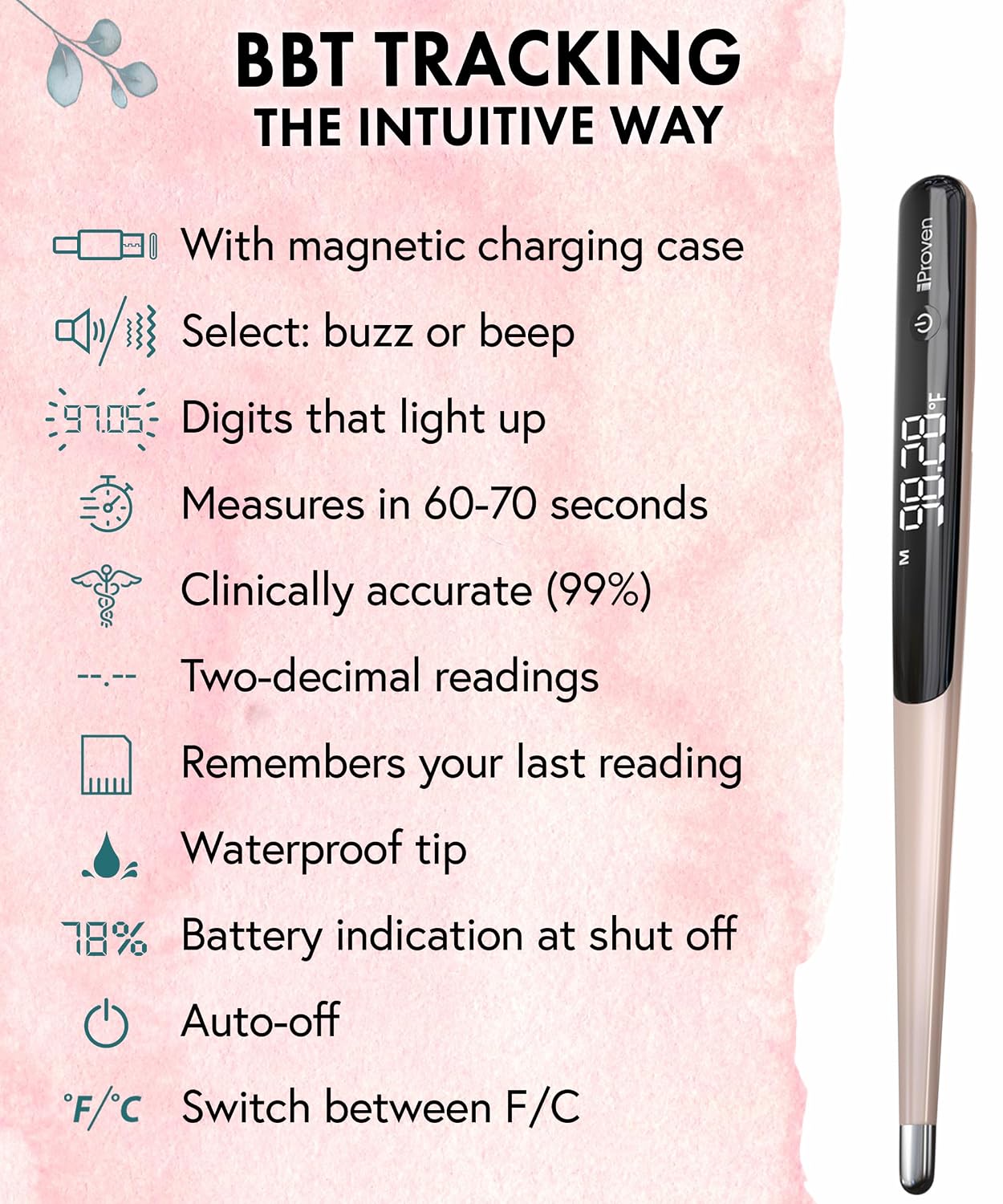 iProven Rechargeable Basal Body Thermometer, 0.01° Precision, Silent Buzz | Accurate 70-Sec Readings, Backlit Display, Last Memory Recall, BBT Thermometer for Natural Ovulation Tracking - Image 5