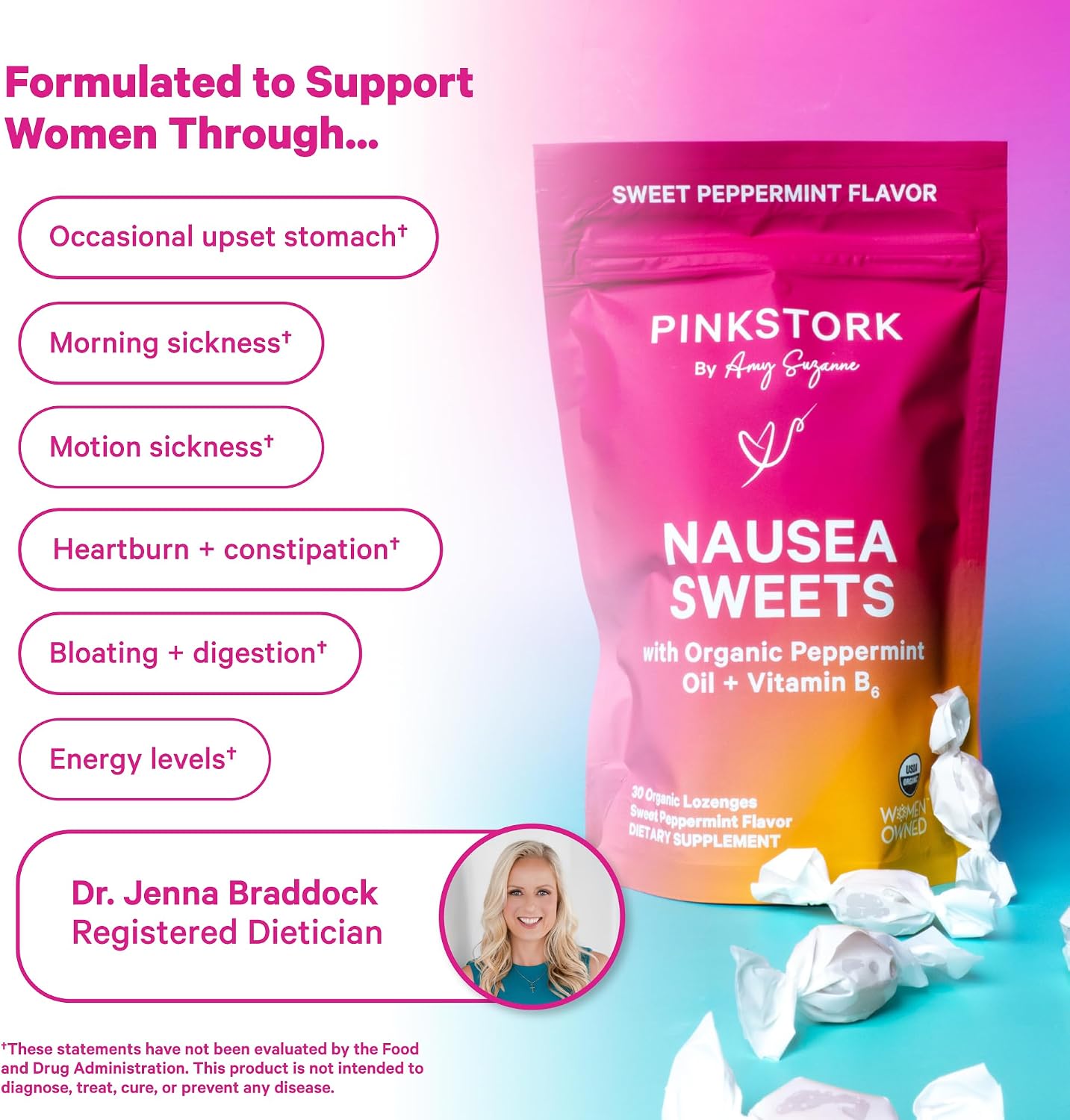 Pink Stork Organic Peppermint Sweets, Morning + Motion Sickness, B6, 30 Ct | USDA Organic Peppermint + Vitamin B6 Lozenges for Morning Sickness, Motion Sickness + Digestive Comfort, Individually Wrapped - Image 3
