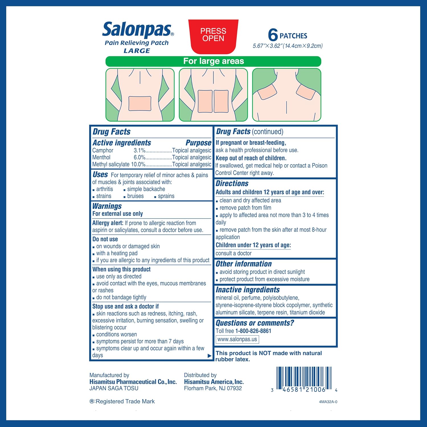 Salonpas Pain Relieving Patch, Large, 6 Count (Pack of 1) | Apply For Up to 8 Hours, For Temporary Relief of Minor Aches & Pains, Stiff Neck, Sore Shoulder, Backache, Joint Pain - Image 7