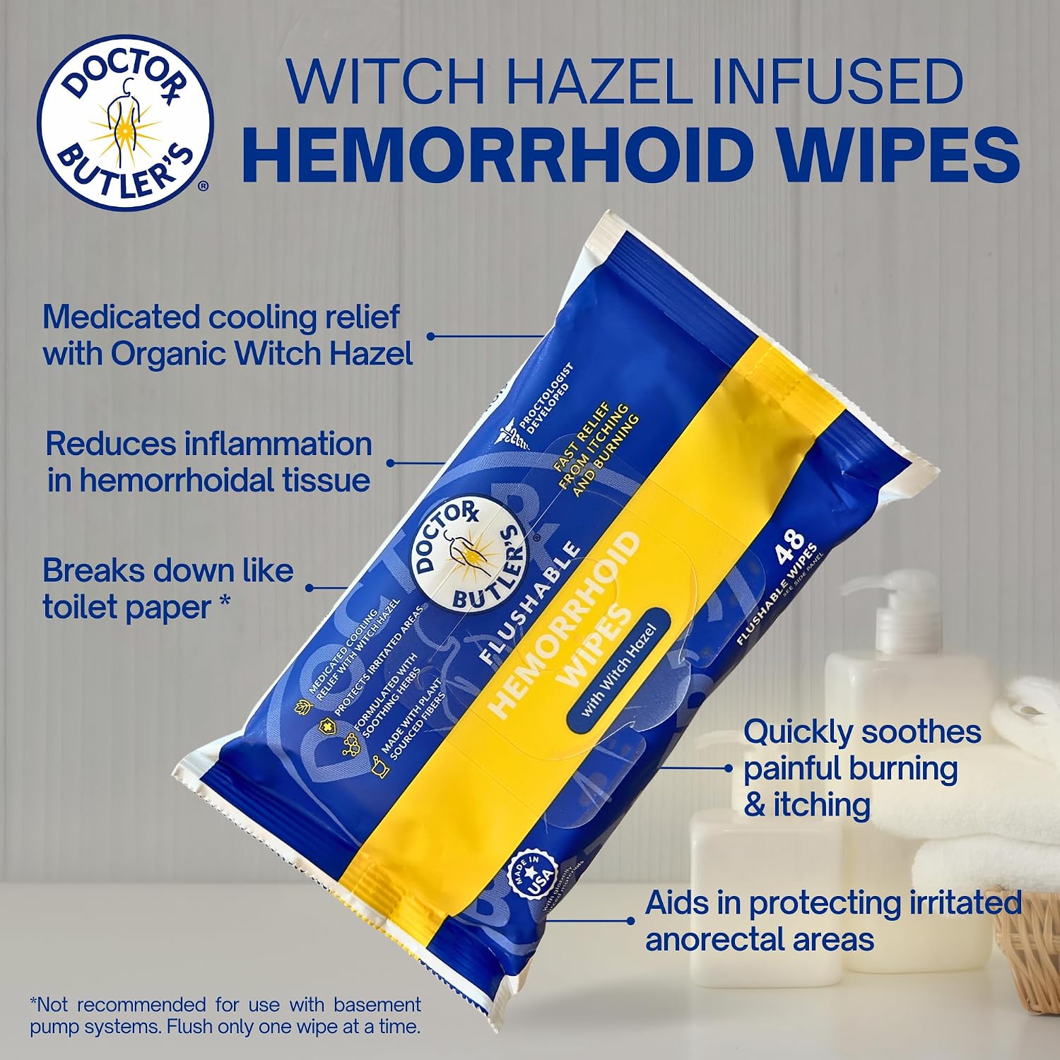 Doctor Butler's Flushable Hemorrhoid Wipes - Flushable Wipes or Moist Compress with Organic Witch Hazel to Soothe and Bring Relief From Discomfort Associated with Hemorrhoids (48 Count) - Image 3