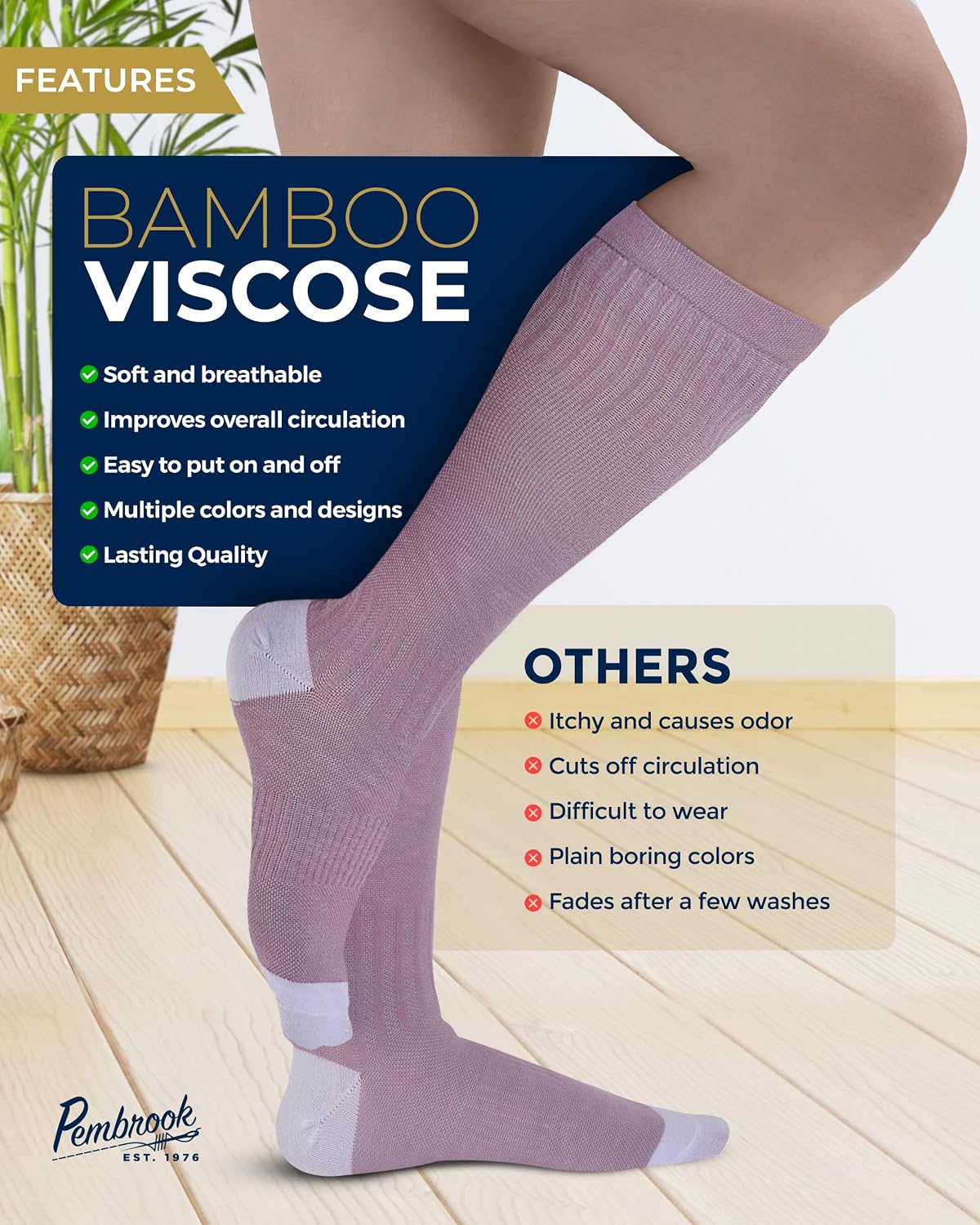 Pembrook® Bamboo Viscose Light Compression Socks - 3 Pairs | 8-15 mmhg Compression Socks | Knee High Comfort Support Socks - Image 4