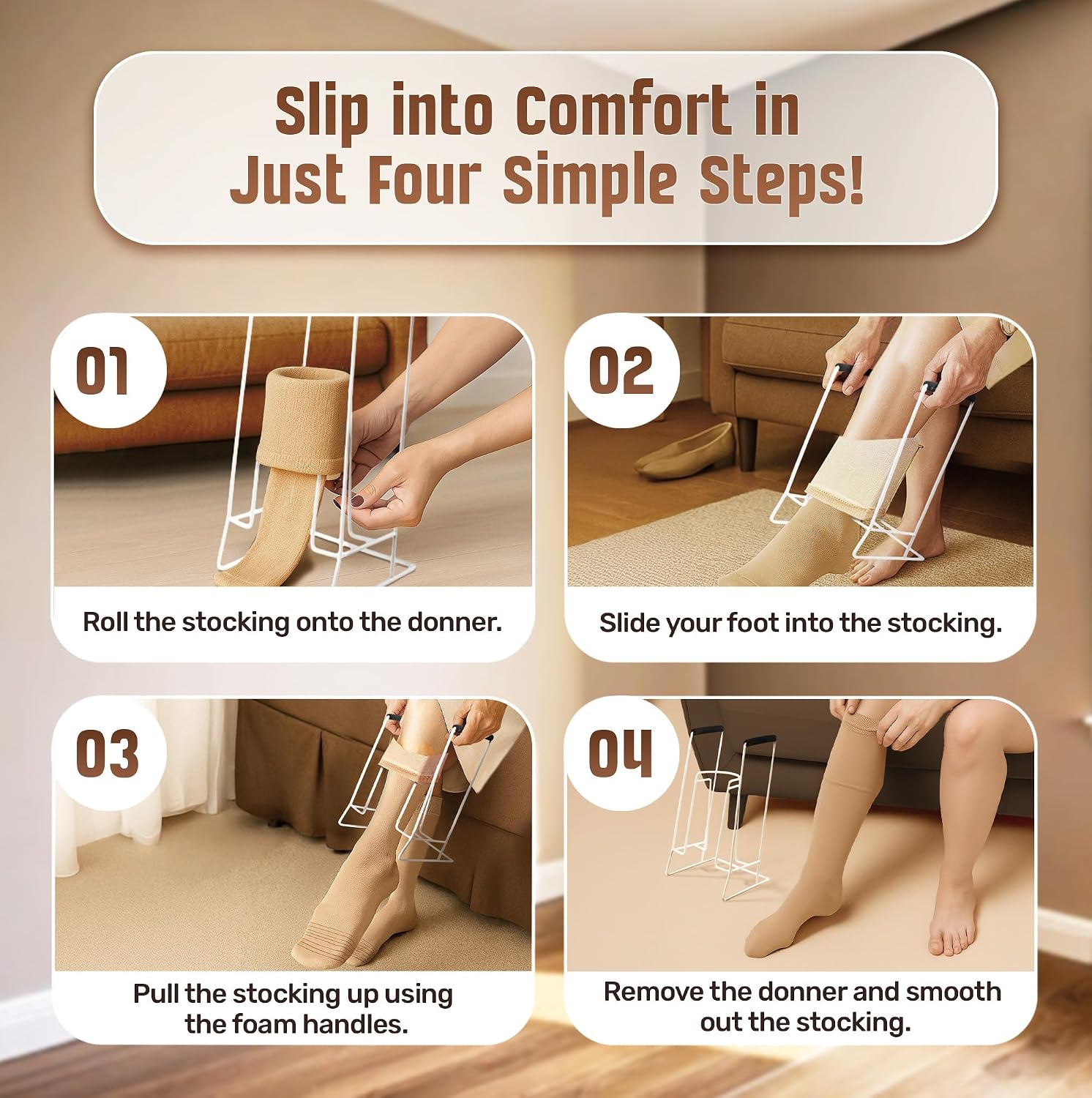 Compression Sock Aid Device for Compression Socks, Stocking Donner Helper | Strong Metal Design with Soft Foam Grips for Women and Men - Easy Use with Stockings and Compression Socks - Regular - Image 2