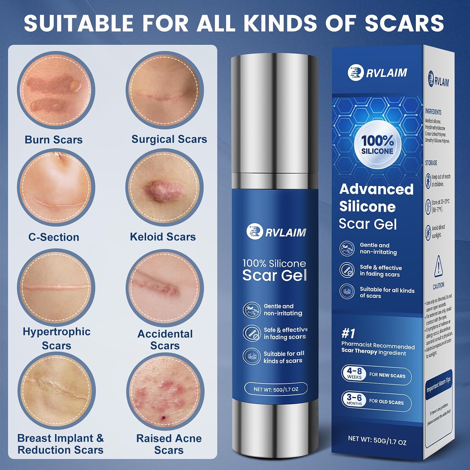 Rvlaim 100% Advanced Silicone Scar Gel for Old & New Scars,1.7oz/50ml | Hypoallergenic and Fast-absorbing Effective for Surgical, Burns, Acne, C-Section, Keloid Scars and Stretch Marks - Image 2