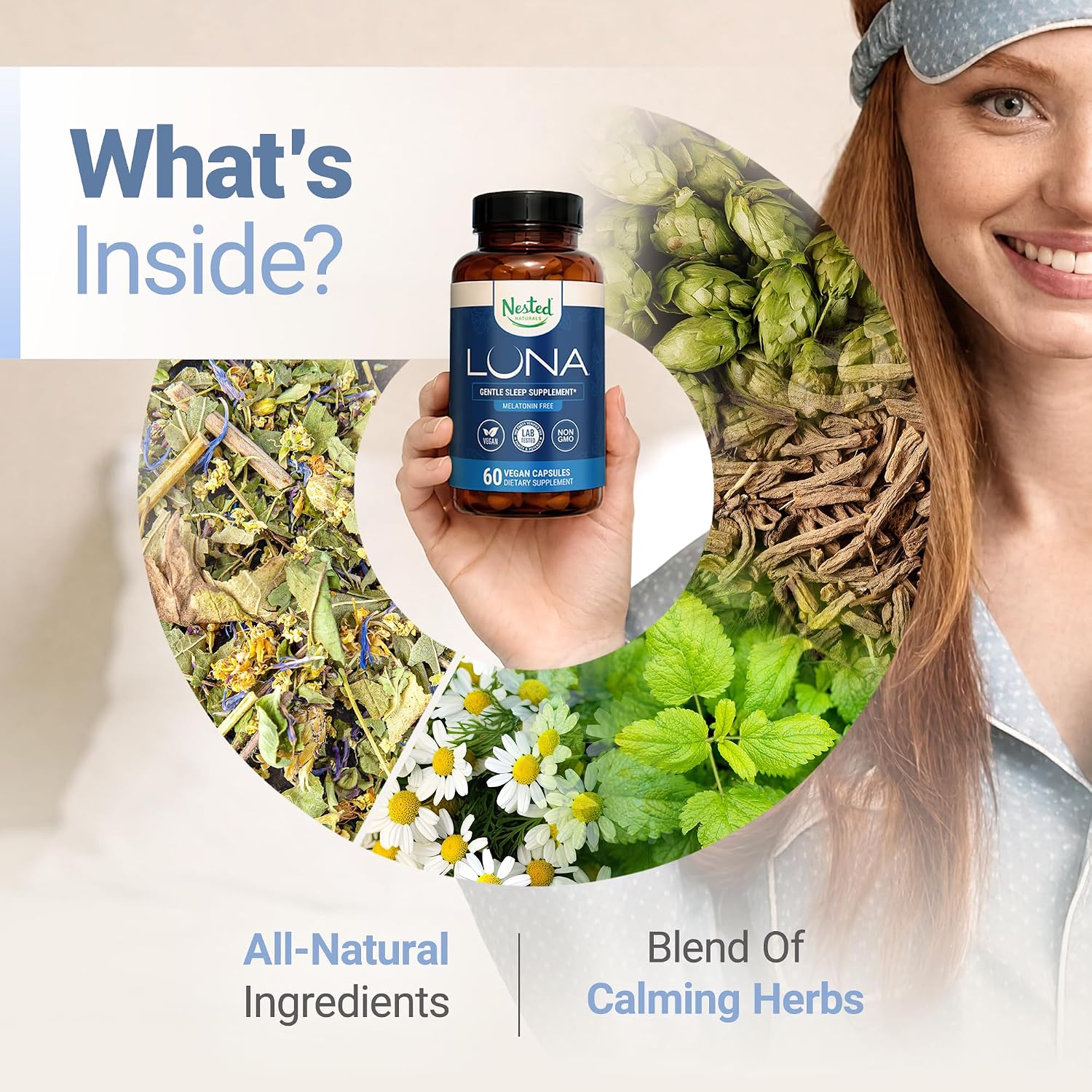 Nested Naturals Luna Melatonin-Free Sleep Supplement - Non-Habit Forming Herbal Sleep Supplement, Adult Bedtime Support, Help Sleeping w/Chamomile, Valerian, L-Theanine - 60 Vegan Capsules - Image 4