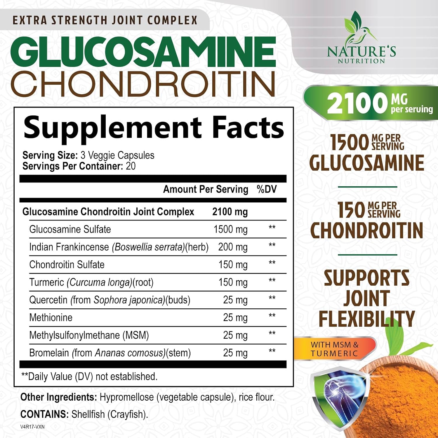 Nature's Nutrition Glucosamine Chondroitin MSM Capsules - Triple Strength Joint Health Support Supplement with Turmeric & Boswellia - Joint Flexibility Support Easy to Swallow Capsules - 60 Count - Image 2