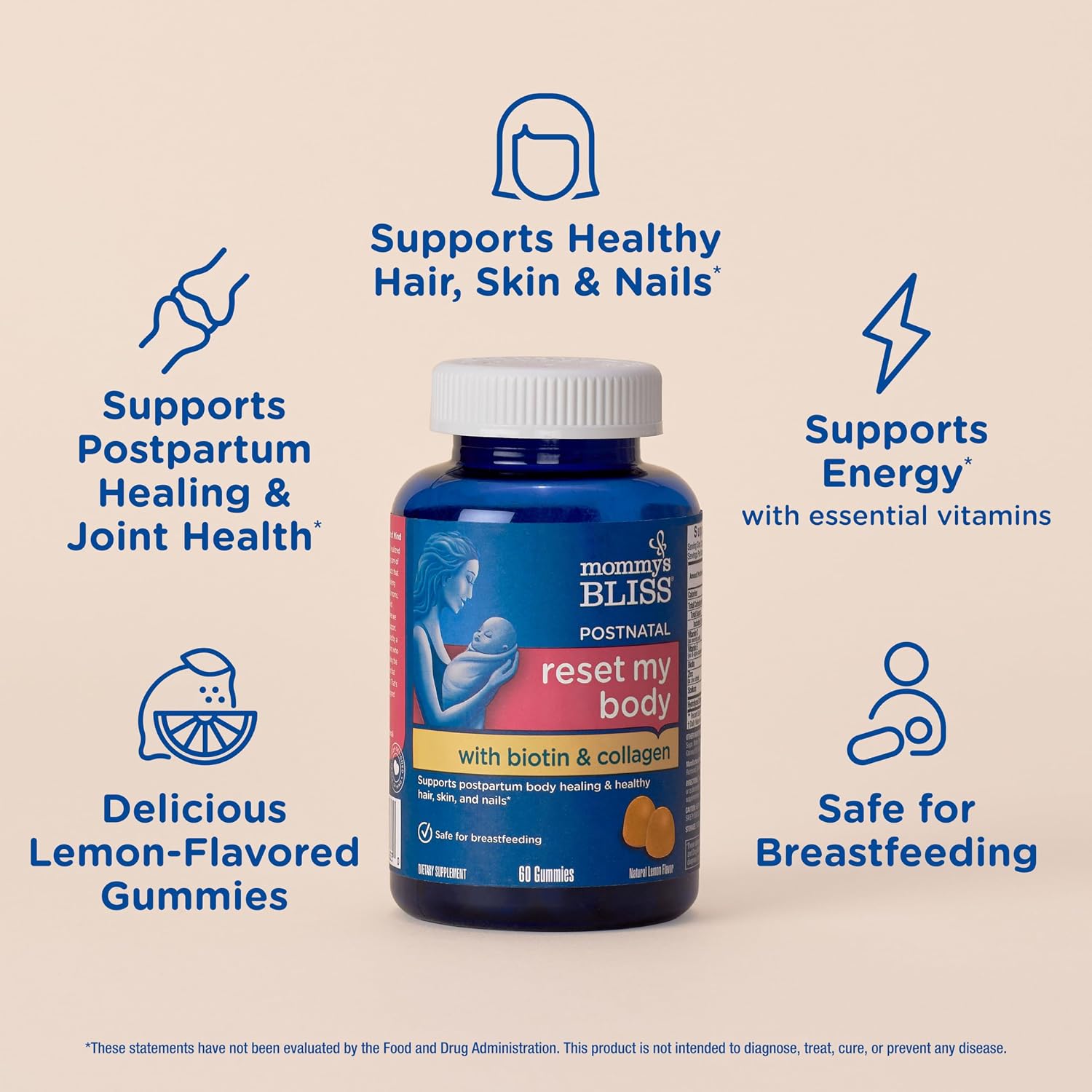 Mommy's Bliss Postnatal Support Reset My Body Gummies with Biotin & Collagen, Supports Postpartum Energy, Healing & Joint Health + Hair, Skin & Nails Health, Gluten Free, 60 Gummies (30 Servings) - Image 3