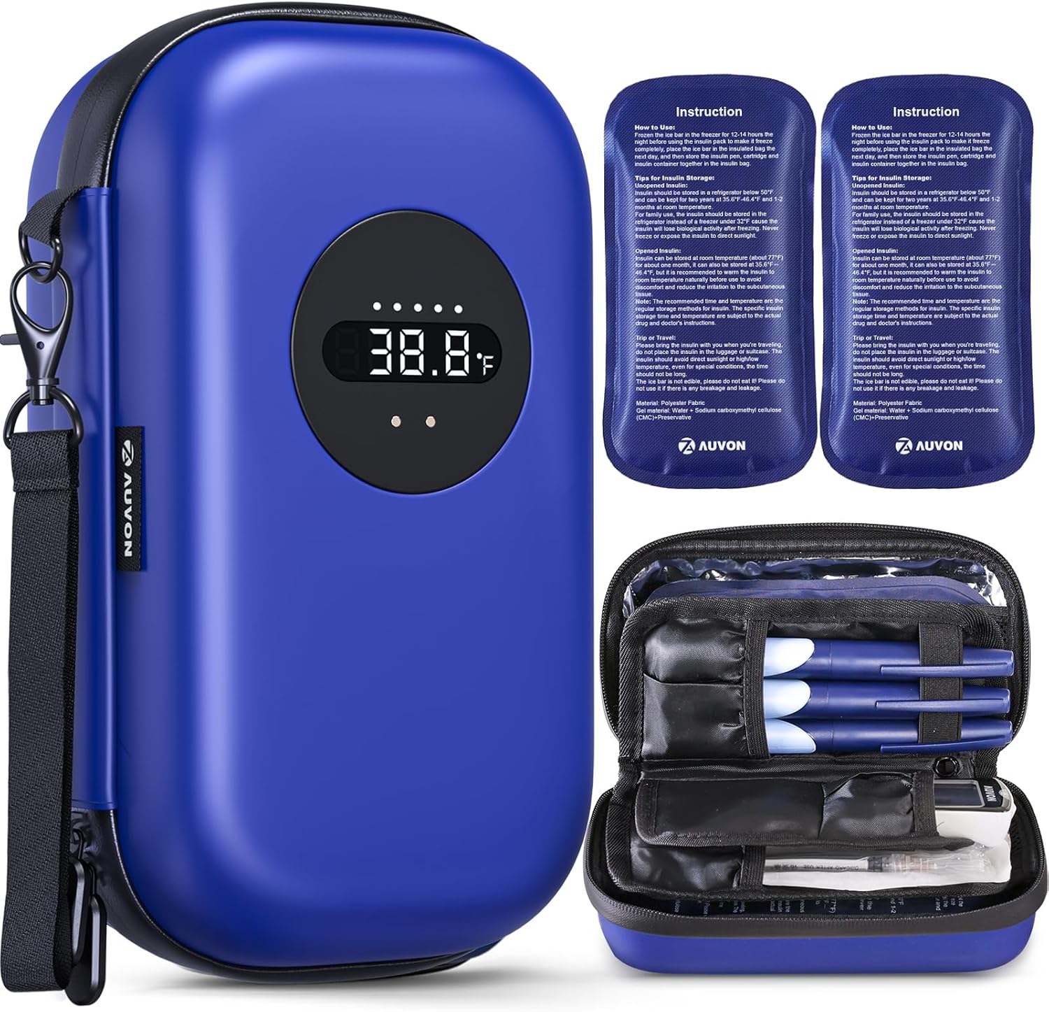 AUVON Insulin Cooler Travel Case with Rechargeable Temp Display, Insulin Pen Cooler Travel Case with 2 x 160g TSA Approved Ice Packs, Waterproof Insulated Cooler Bag for Daily Use & Trip