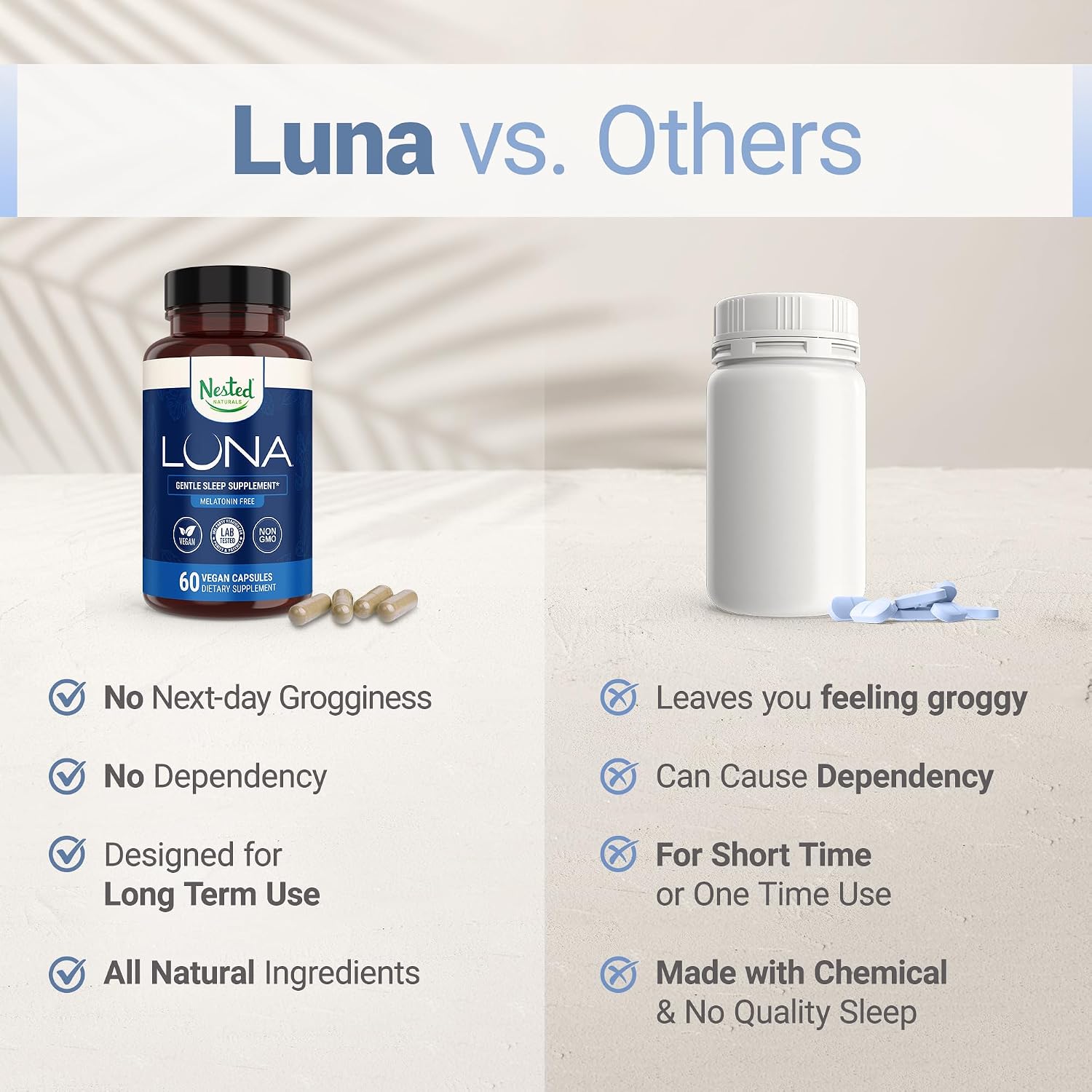 Nested Naturals Luna Melatonin-Free Sleep Supplement - Non-Habit Forming Herbal Sleep Supplement, Adult Bedtime Support, Help Sleeping w/Chamomile, Valerian, L-Theanine - 60 Vegan Capsules - Image 6