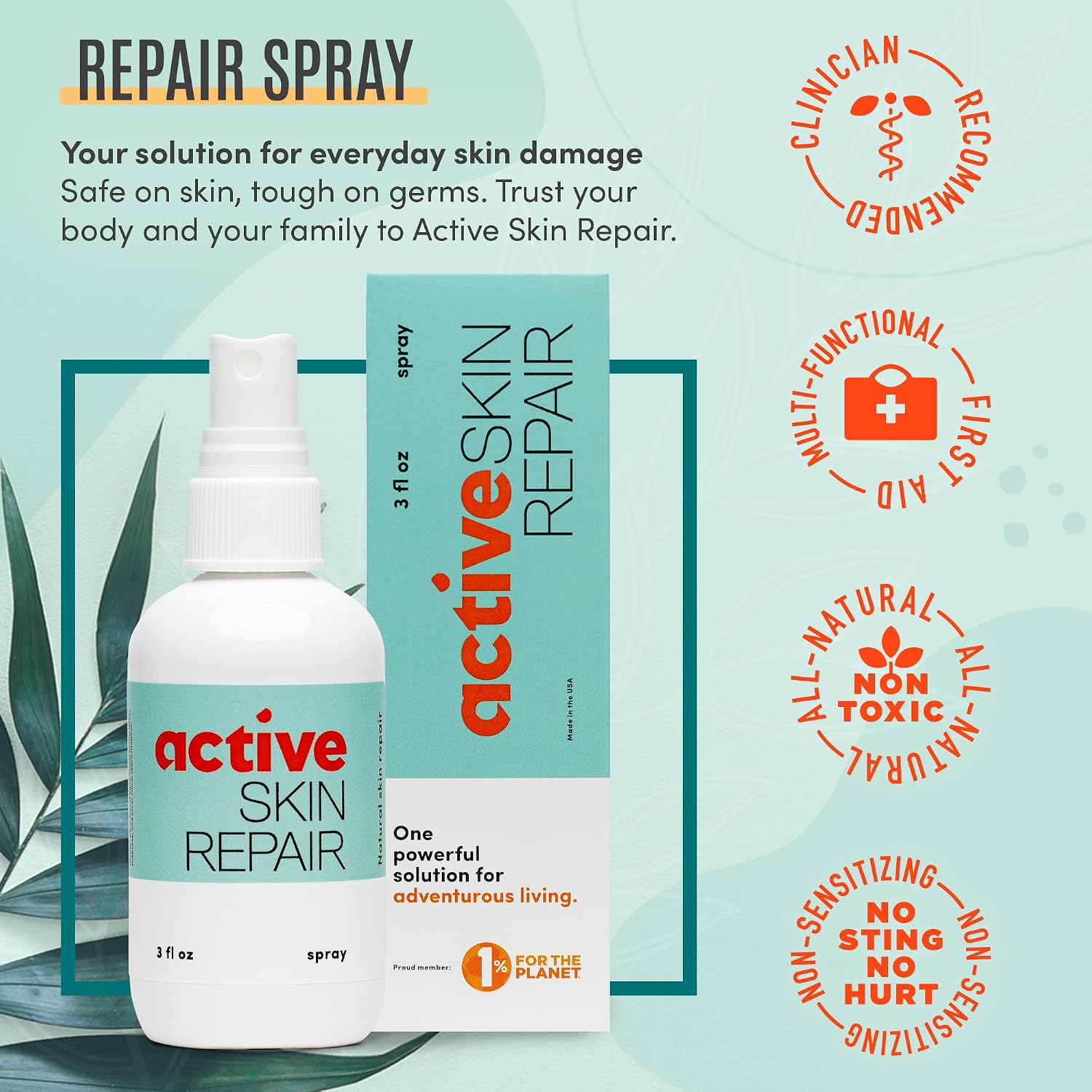 Active Skin Repair First Aid Spray with Medical Grade Hypochlorous, 3 oz | Natural and non-toxic, hypochlorous acid, no-sting formula, minor cuts, wounds, scrapes, rashes, sunburns, travel size - Image 2