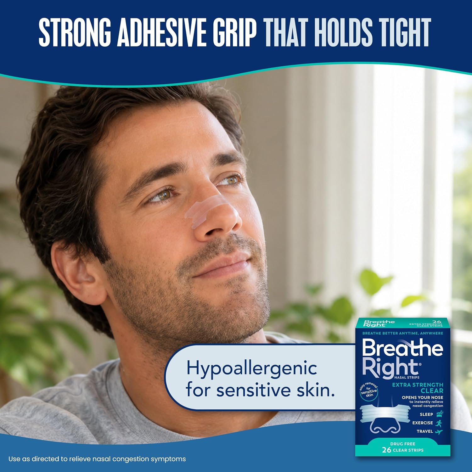 Breathe Right Nasal Strips, Extra Strength, Nasal Congestion, Clear, 26ct | Opens nose and increases nasal airflow, helps relieve nasal congestion for better breathing, drug-free, use anytime, anywhere - Image 8