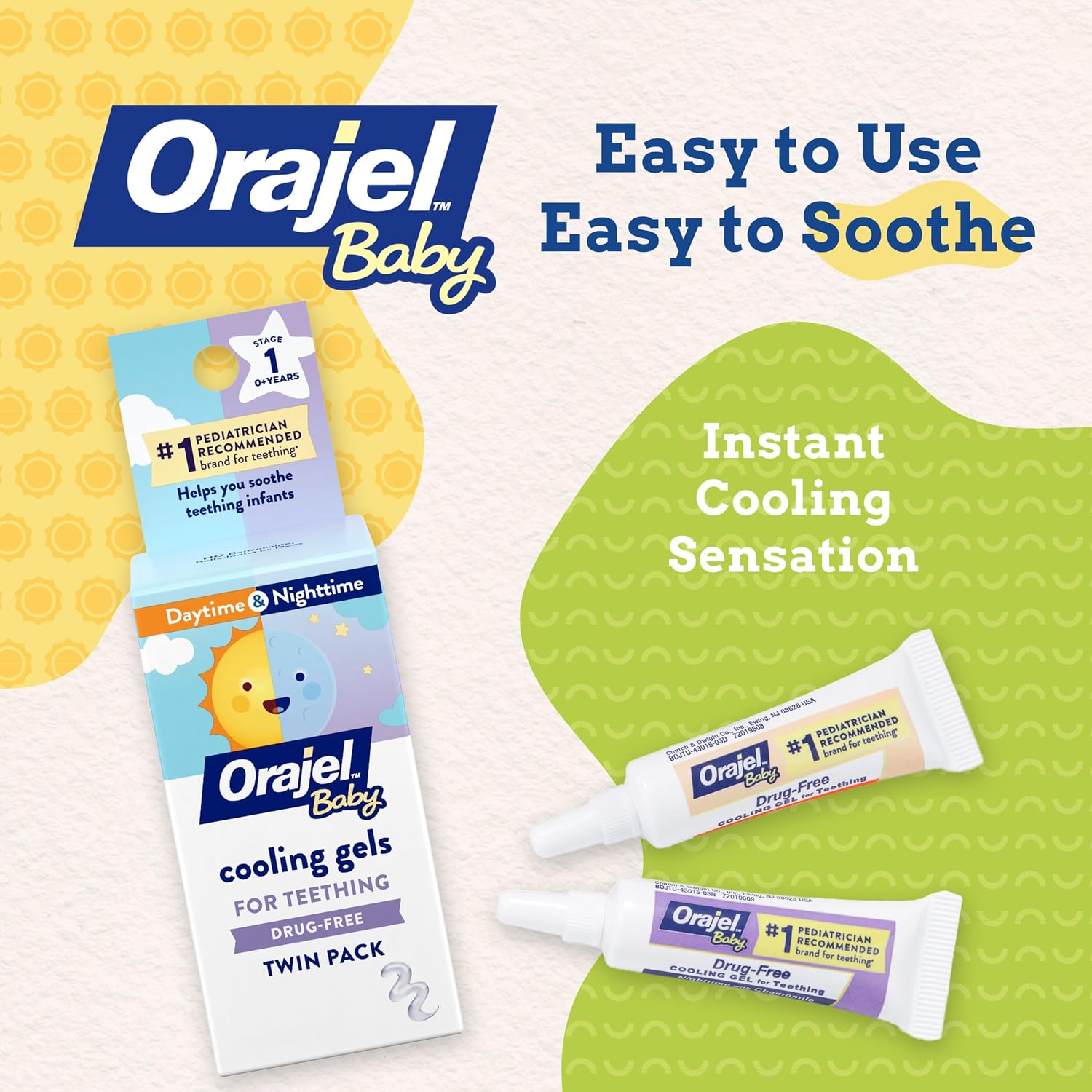 Orajel Baby Daytime & Nighttime Cooling Gels for Teething, Drug - Free, #1 Pediatrician Recommended Brand for Teething*, Two 0.18oz Tubes | Drug-Free, Soothes Teething Infants, Safe for Babies Age 0+, #1 Pediatrician Recommended Brand for Teething - Image 2