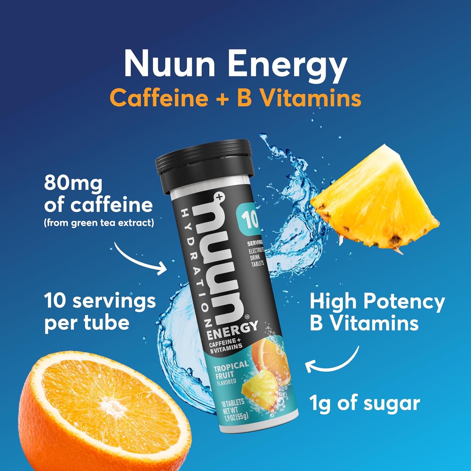 Nuun Energy Caffeine + B Vitamins, Electrolyte Hydration Tablets with Caffeine from Green Tea Extract, Magnesium & 4 Other Electrolytes, Gluten Free, Vegan, Tropical Fruit, 8 Pack (80 Servings Total) | 80 Servings with Caffeine from Green Tea Extract, Magnesium & 4 Other Electrolytes, Gluten Free, Vegan - Image 2