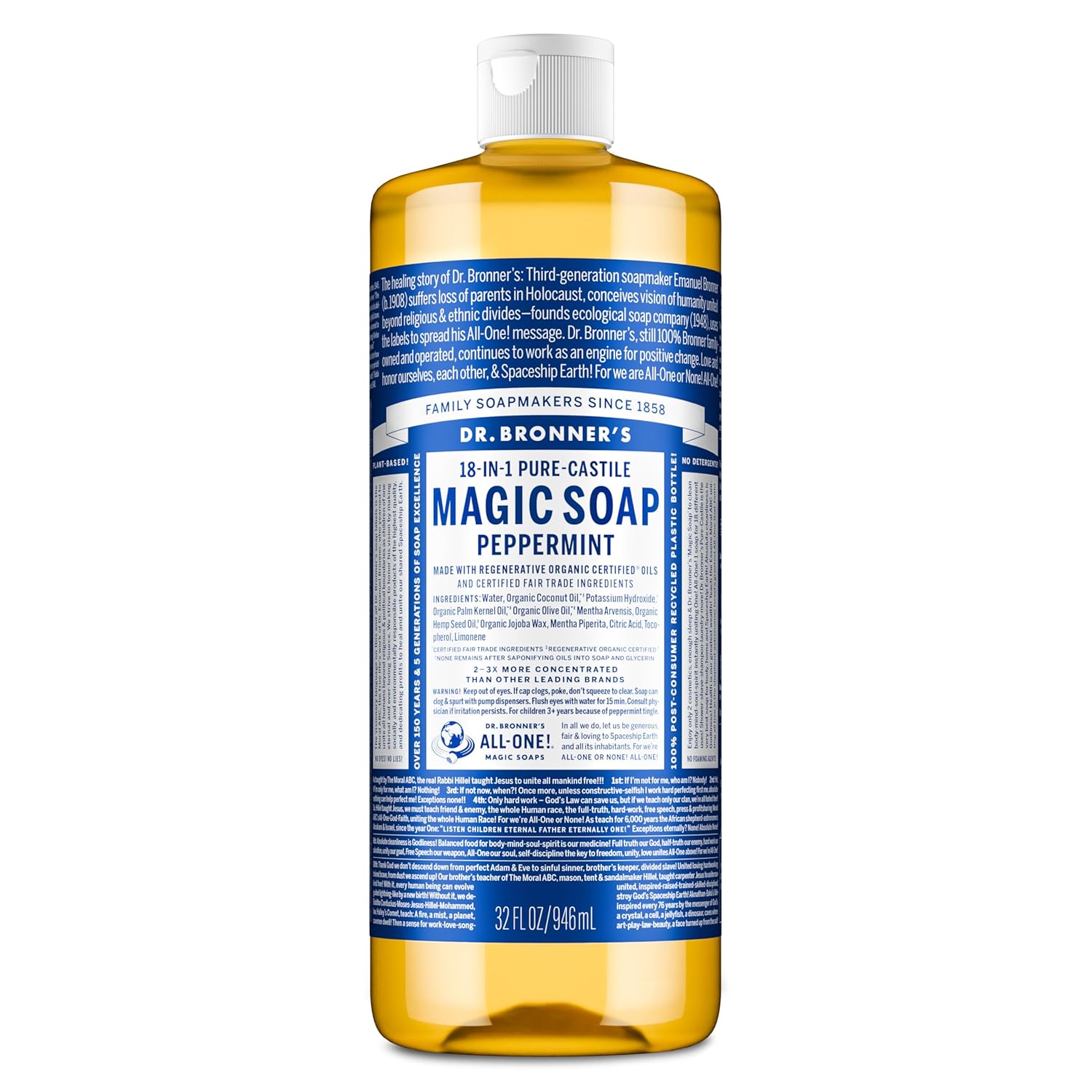 Dr. Bronner's Peppermint Pure-Castile Liquid Soap, Hand Soap, 32 oz | 18-in-1 Uses: Body Wash & Hand Soap for Men and Women, Shampoo, Face, Laundry, Floors, Cars, Pets - Fair Trade & Organic Oils