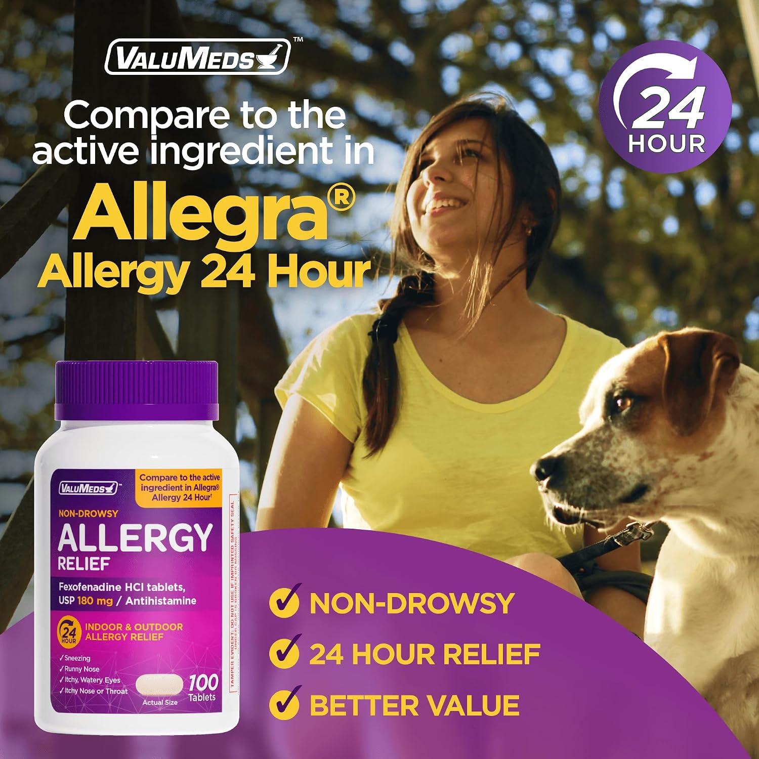 ValuMeds | Compare to Allegra | Fexofenadine HCl 180mg | 24-Hour Allergy Relief, Non-Drowsy Antihistamine Generic Medicine for Allergies, Hay Fever, Itchy Eyes | for Kids & Adults (100 Count) - Image 2
