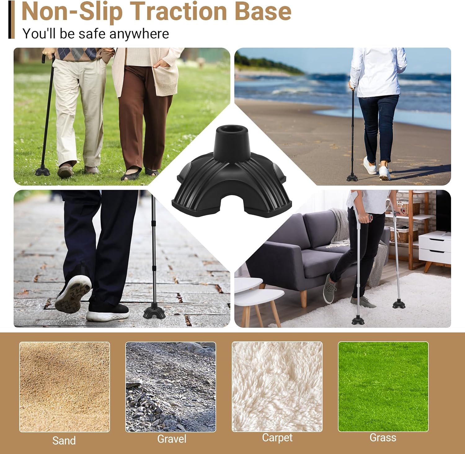 Dotday 2 Pack Cane Tips for Stability, Self Standing Cane Base Replacement | for Most Walking Canes, Walking Sticks, Folding Canes, Non-Slip Rubber Quad Cane Tip, Heavy Duty 4 Prong Rubber Cane Foot Pad - Image 3