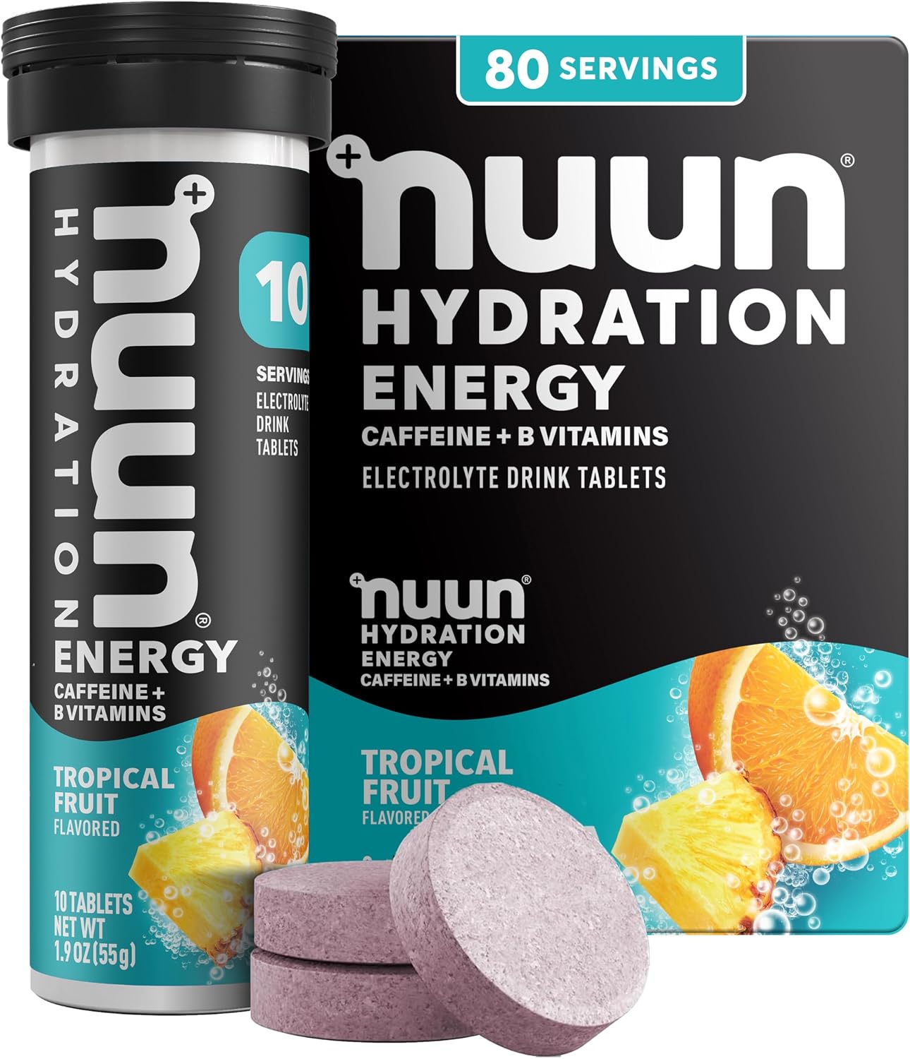 Nuun Energy Caffeine + B Vitamins, Electrolyte Hydration Tablets with Caffeine from Green Tea Extract, Magnesium & 4 Other Electrolytes, Gluten Free, Vegan, Tropical Fruit, 8 Pack (80 Servings Total) | 80 Servings with Caffeine from Green Tea Extract, Magnesium & 4 Other Electrolytes, Gluten Free, Vegan