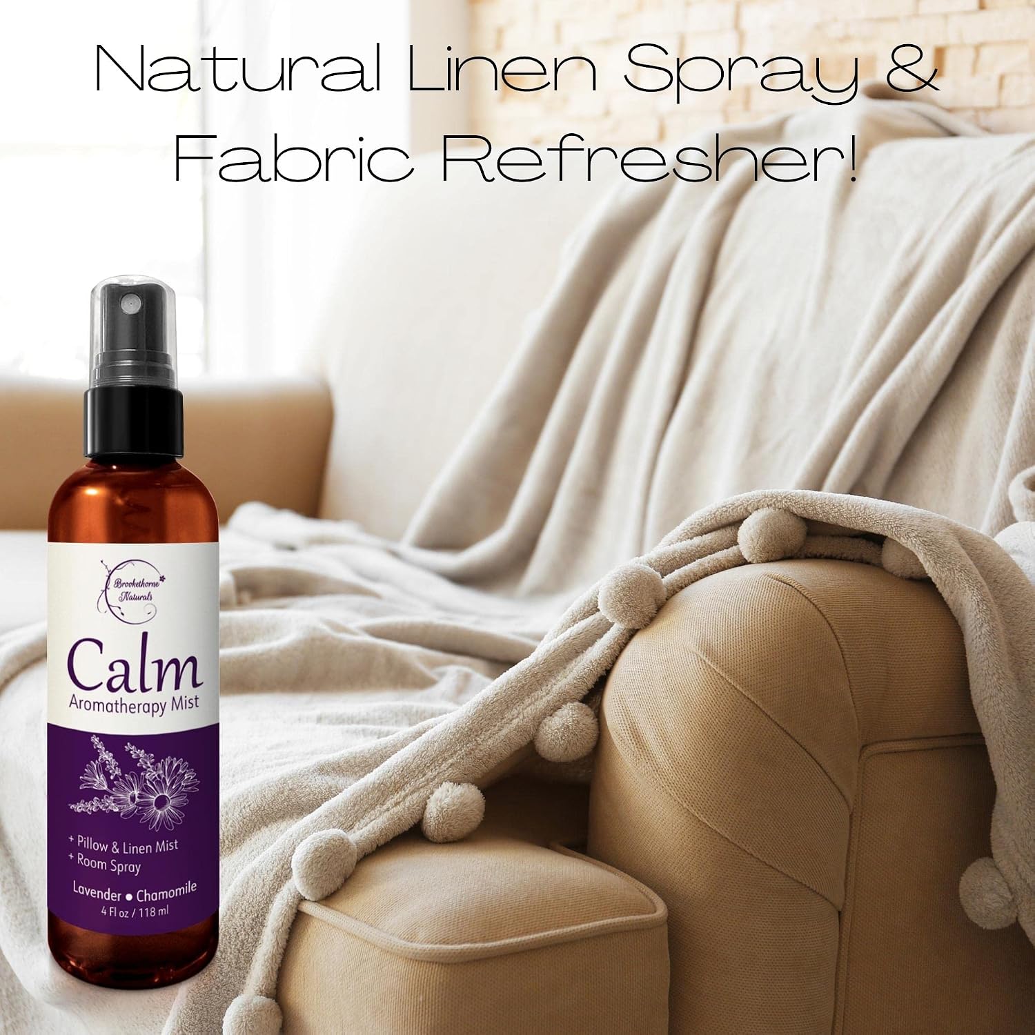 Brookethorne Naturals Calm Aromatherapy Mist | Lavender Pillow Spray 4oz | Lavender & Chamomile Essential Oil room, linen & bed spray | Calming scent for Relaxation & Sleep | Paraben-free, made in USA - Image 6