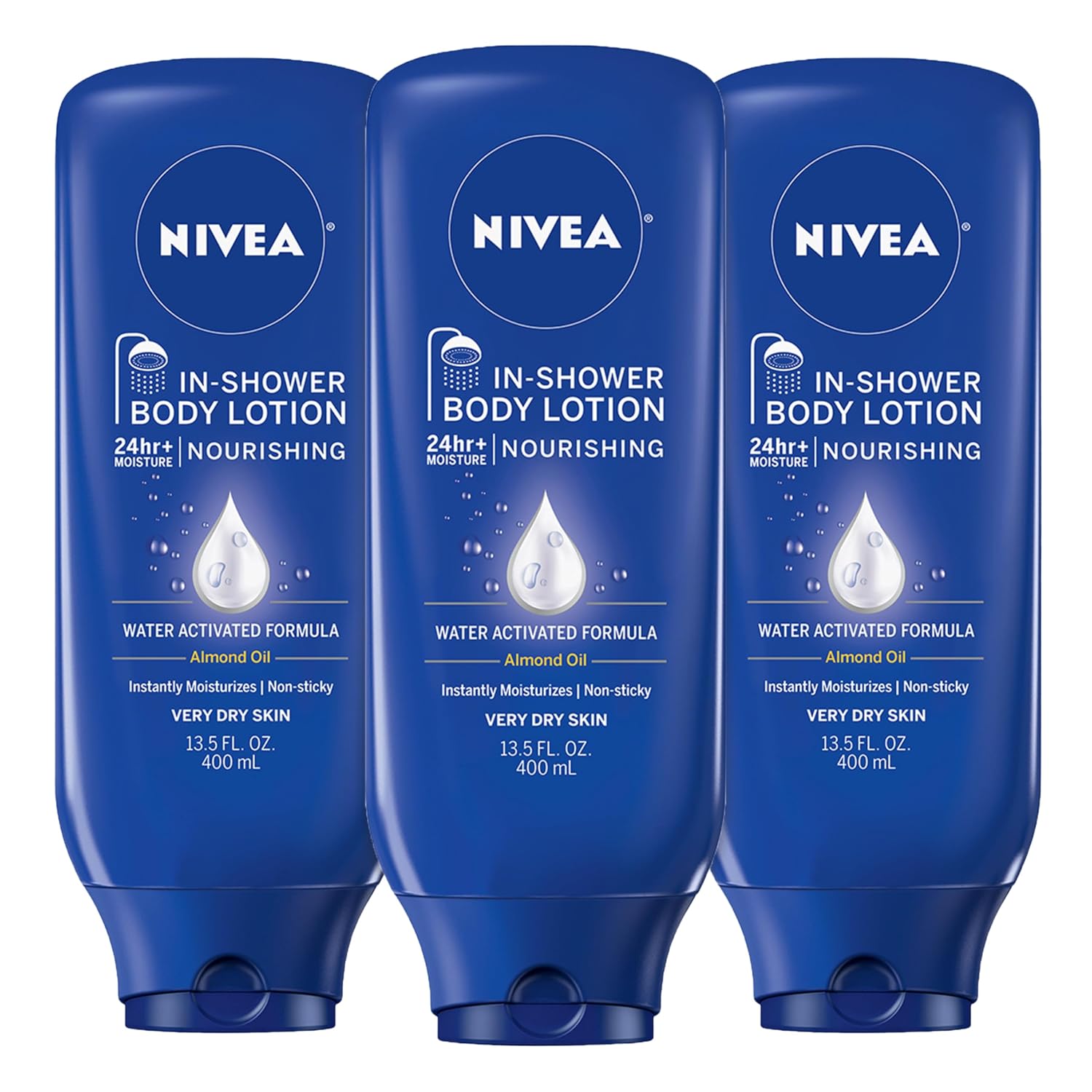 NIVEA Nourishing In Shower Lotion Moisturizer, Multipack, 3 x 13.5 FL OZ | Water Activated In Shower 24-Hour Body Moisturizer with Almond Oil for Dry to Very Dry Skin, Non Sticky, Non Greasy Feel