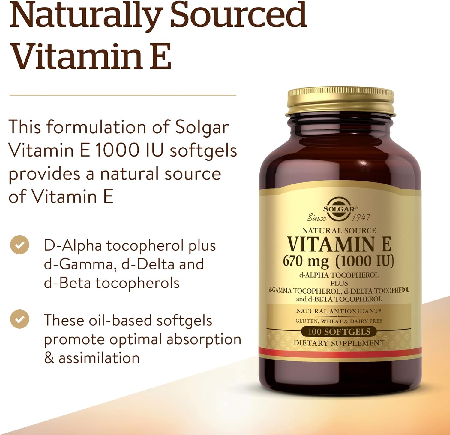 Solgar Vitamin E 670 mg (1000 IU), 100 Mixed Soft Gels - Non GMO | Suitable for Vegetarians, Gluten Free - Image 3