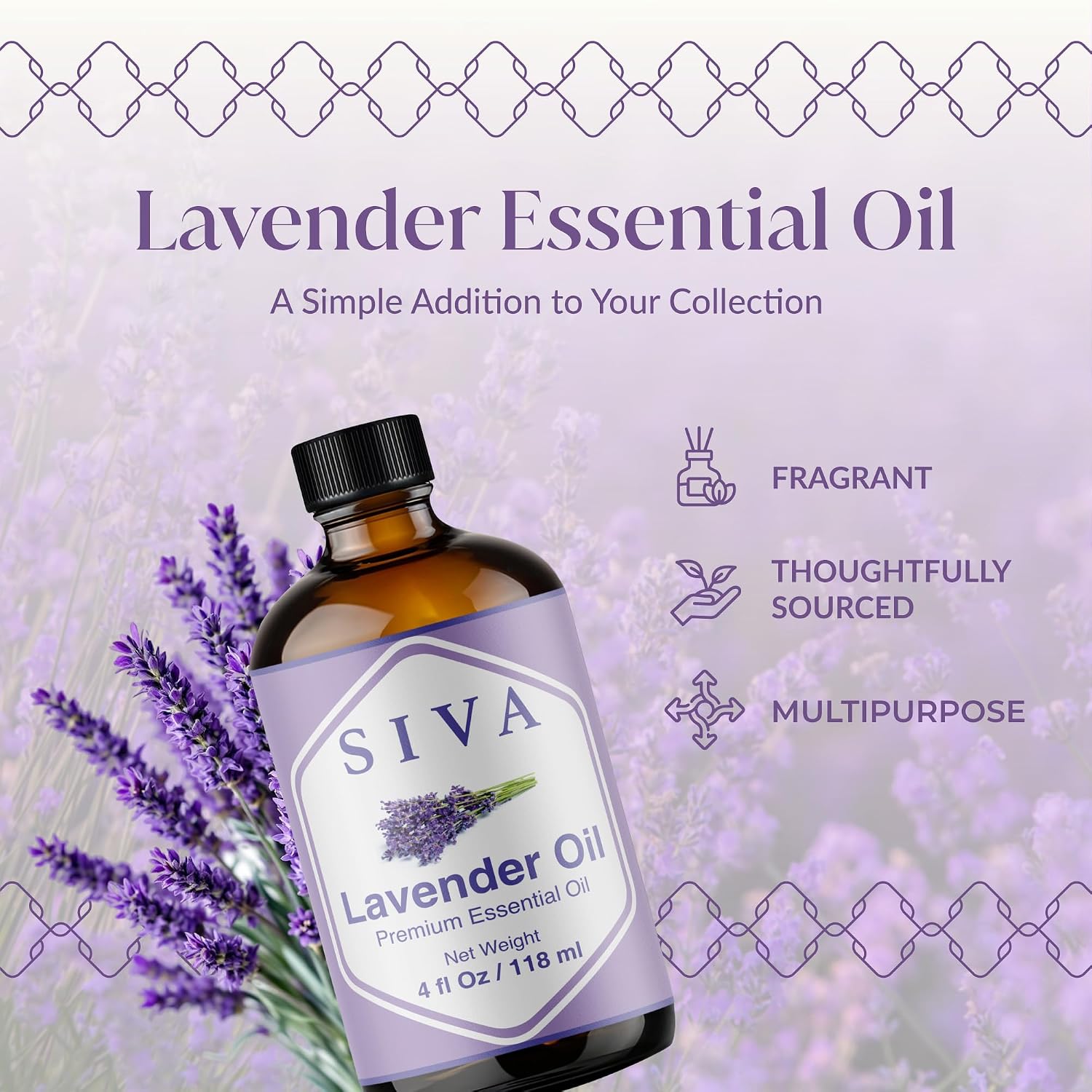 Siva Lavender Essential Oil, Glass Bottle with Dropper, 4 Fl Oz (118 ml) | Lavender Oil for Diffuser, Humidifier, Linen Spray, Skin Care, Hair Care, Body Massage, Soap, Candle, Bath Salt & DIY Blends - Image 3