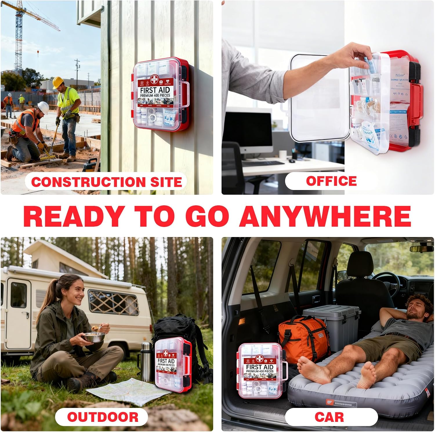 400 Pieces All-Purpose First Aid Kit, Organized Dual-Layer Wall | 100-Person, Professional Medical Kit For Home, Car, Camping, Travel, Office, Outdoor, Business & Sports - Image 7
