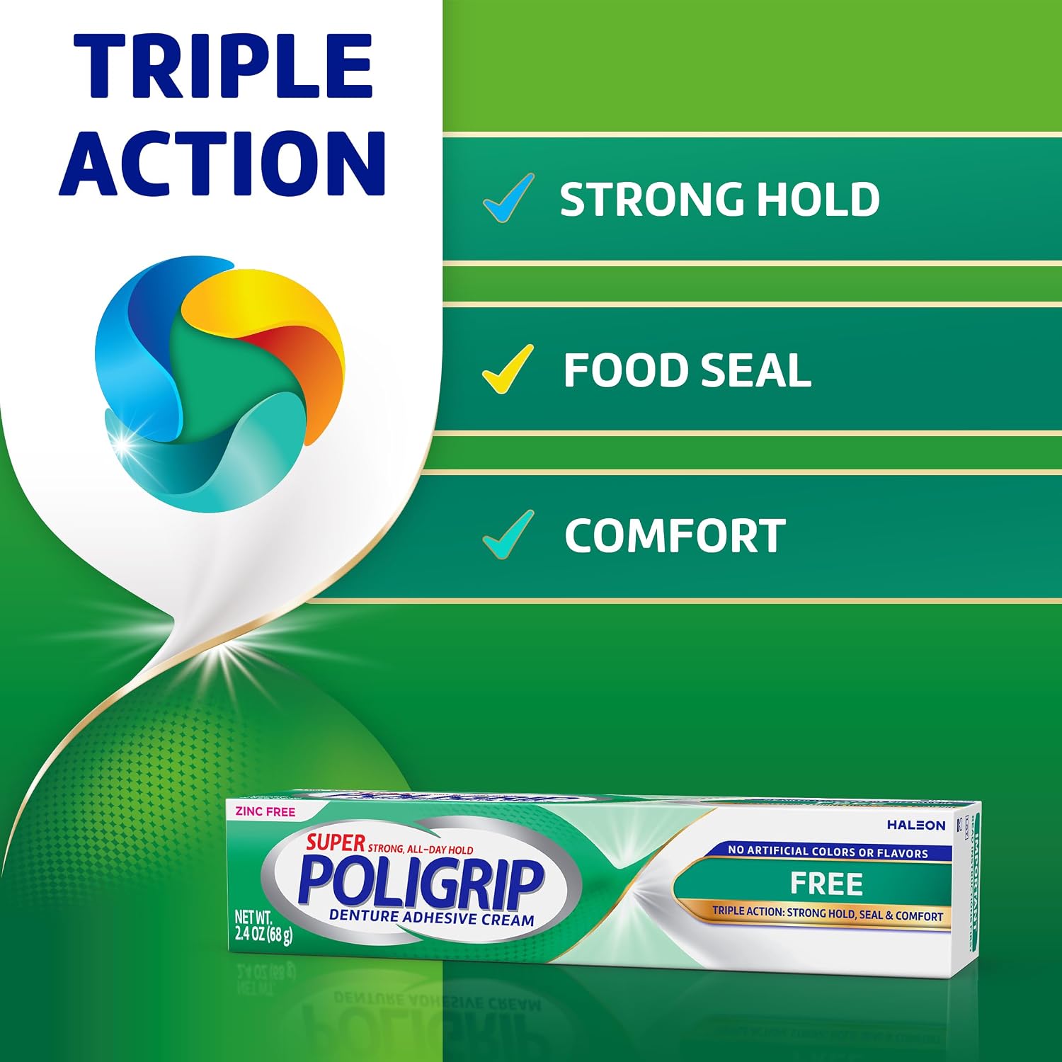 Poligrip Free Denture Adhesive Cream, Strong All Day Hold, Food Seal, Comfort, Clinically Proven, Flavor Free, Zinc Free, 2.4 Oz, 4 Count - Image 2