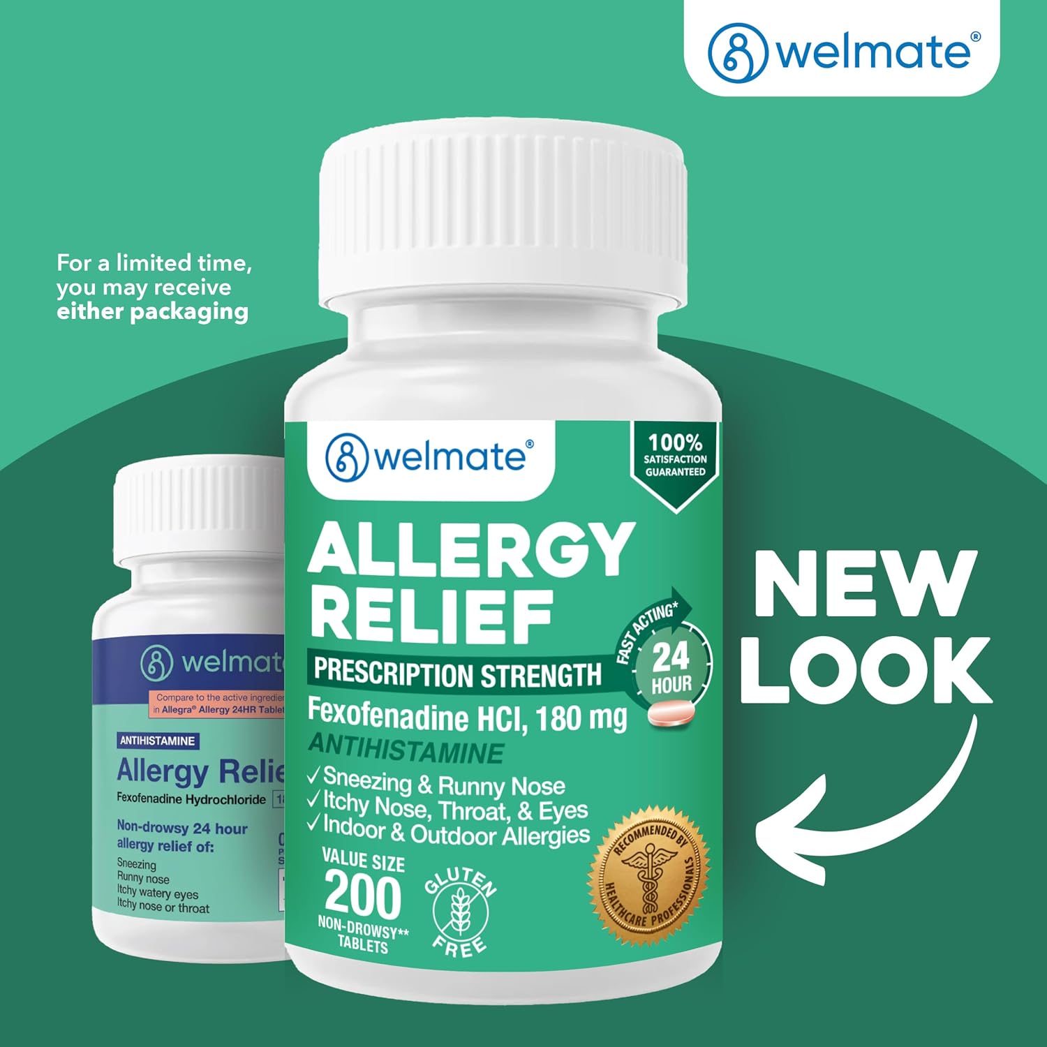 WELMATE Fexofenadine HCl 180mg Allergy Relief Tablets, 200 Count | 24-Hour Non Drowsy Antihistamine for Sneezing, Runny Nose, Itchy Watery Eyes - Indoor & Outdoor Allergy Medicine, Hay Fever - Image 2