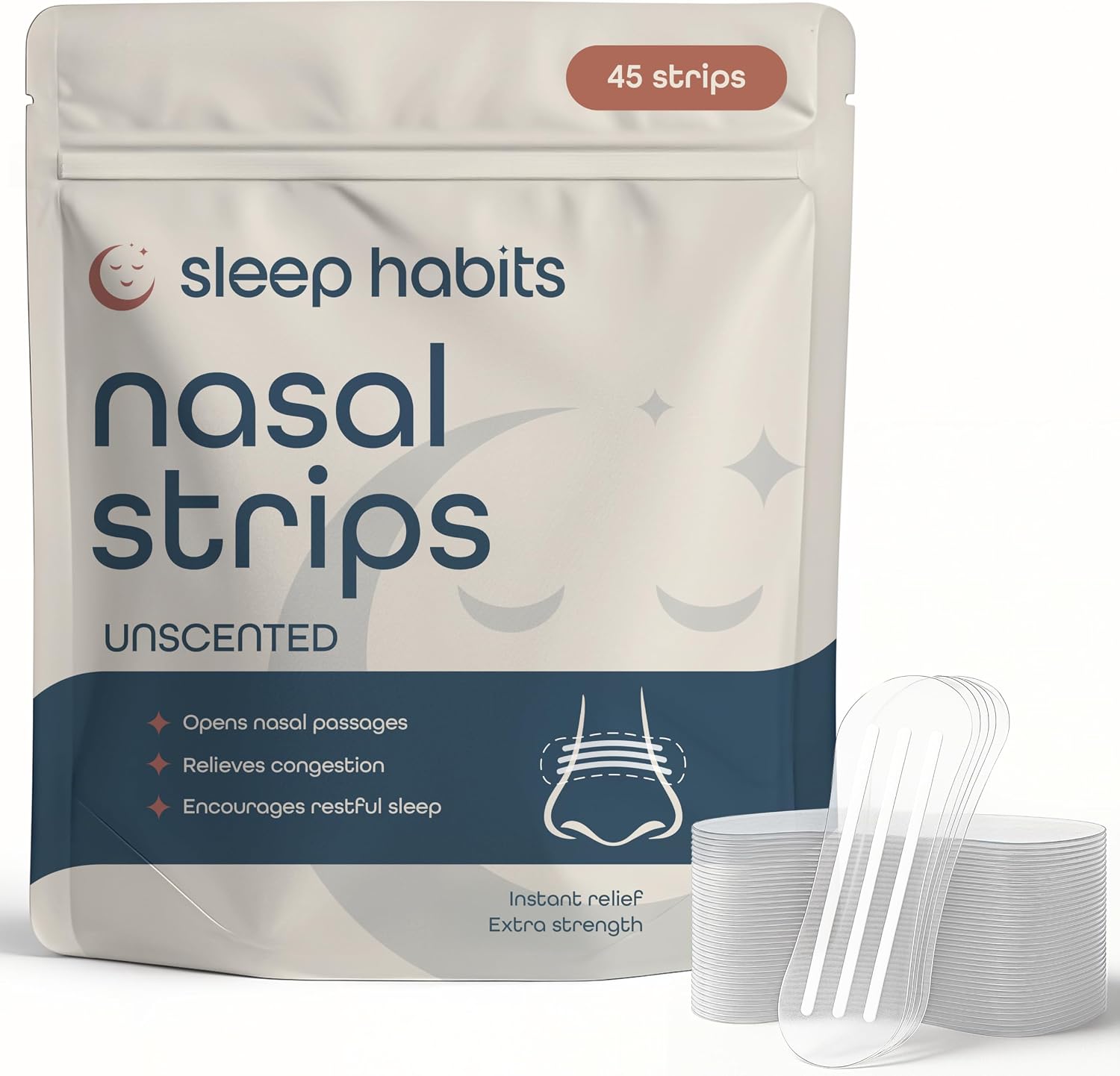 SleepHabits 45PC Breathing Strips, Non-Toxic Tested Nose Strips for Breathing & Sleep | Nasal Strips for Snoring Solution | Extra Strength Congestion Relief | Nasal Strips for Sleeping, Unscented